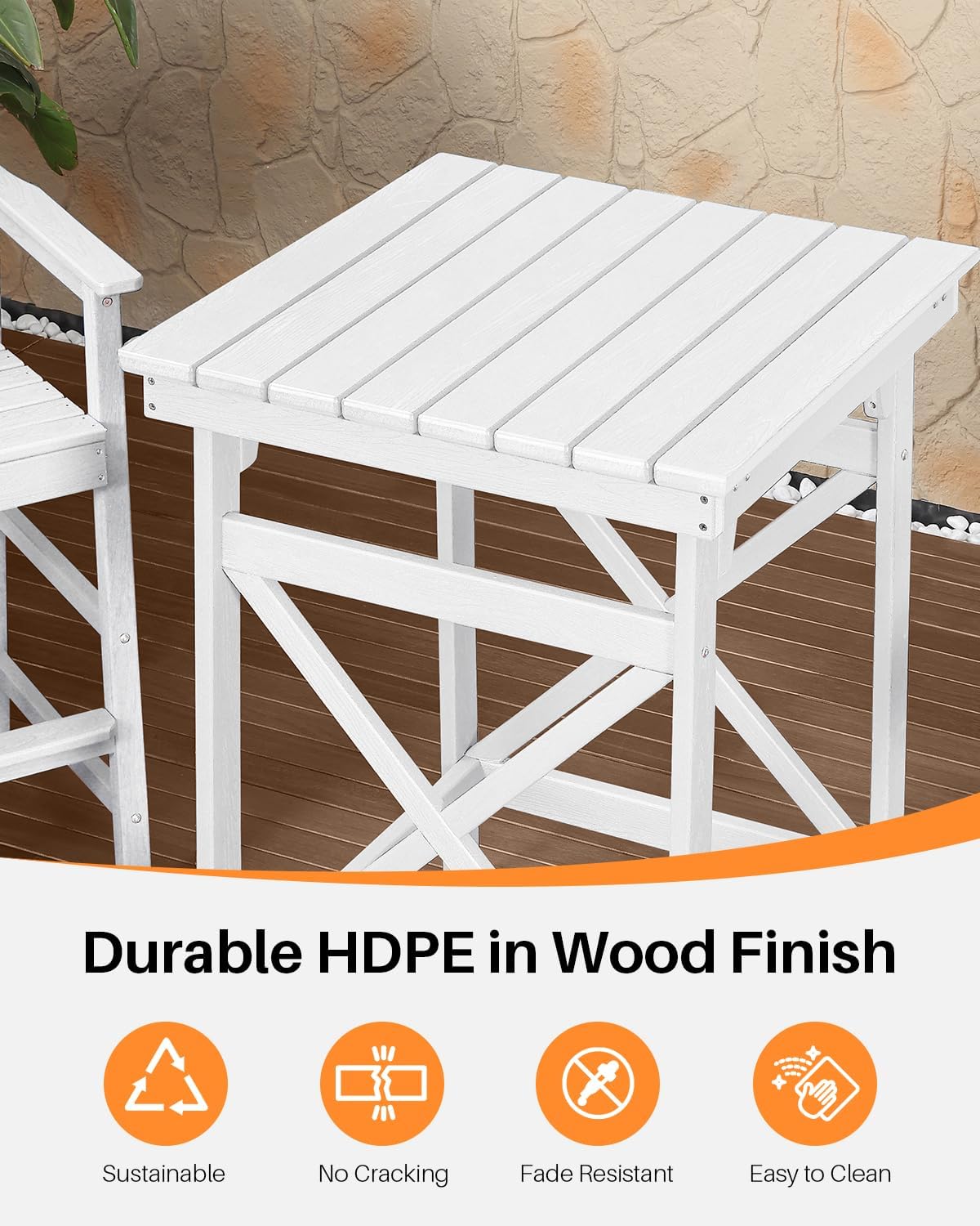 3-Piece Adirondack Chairs and Table Set, HDPE Patio Bar Sets, All Weather Outdoor Bar Stools Set, HDPE Adirondack Bar Height Chairs and Bar Table for Balcony, Porch, Garden, Pearl