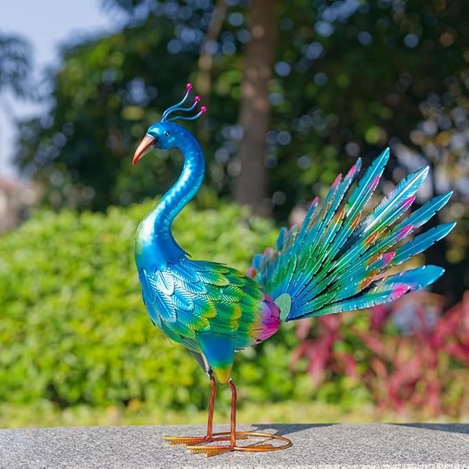 VEWOGARDEN Peacock Outdoor Statues Metal Peacock Tail Spread Garden Sculptures & Statues for Yard Lawn Patio Pool Outside Decorations, Blue
