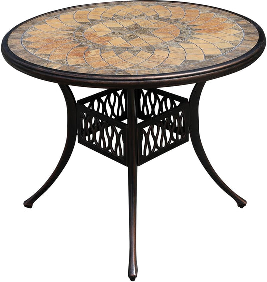 Outdoor Table Tile Round Patio Table All Weather Aluminum Frame Outdoor Dining Tables for Lawn Garden Backyard (90cm Aluminium Tiled Round Table)