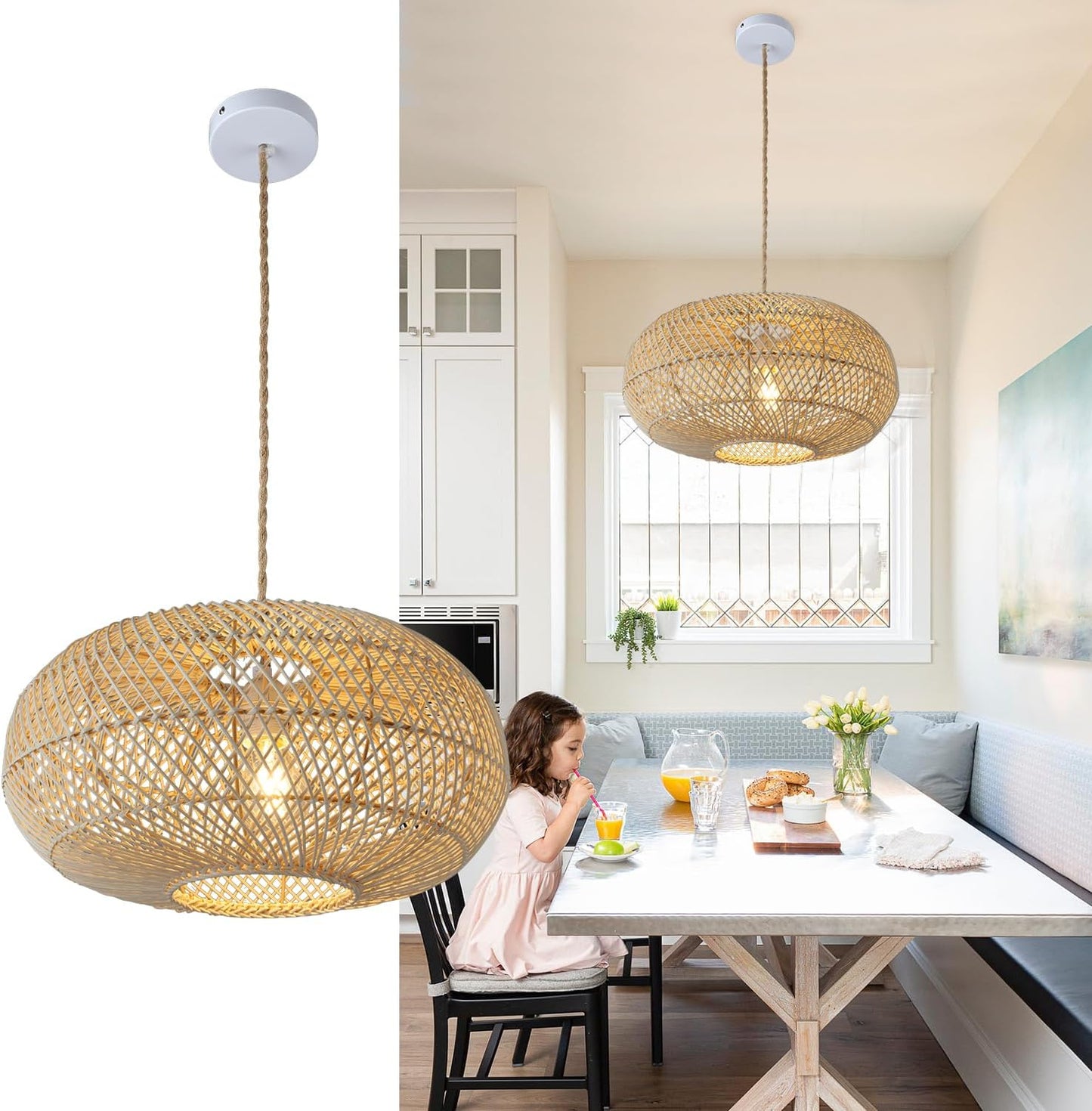 Rattan Pendant Light 16" 1-Light Hand-Woven Rattan Hanging Light，Wicker Woven Basket Chandelier，Modern Bohemian Pendant Lamp for Kitchen Island Foyer Farmhouse Porch