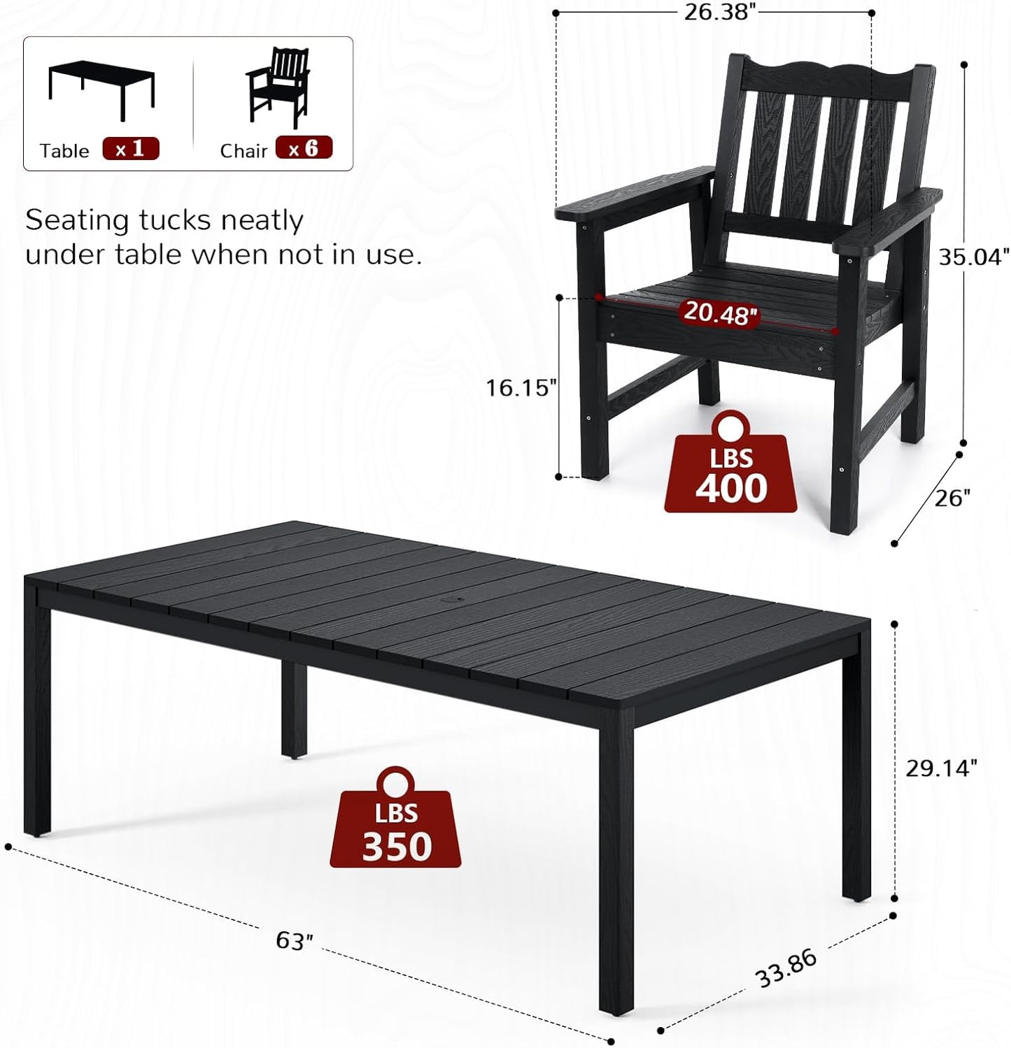 Stoog 7 Pieces Patio Dining Sets, All-Weather HIPS & Aluminum Outdoor Dining Table with Umbrella Hole, Patio Furniture Set Include 1 Table and 6 Chairs, for Backyard, Garden and Deck, Black