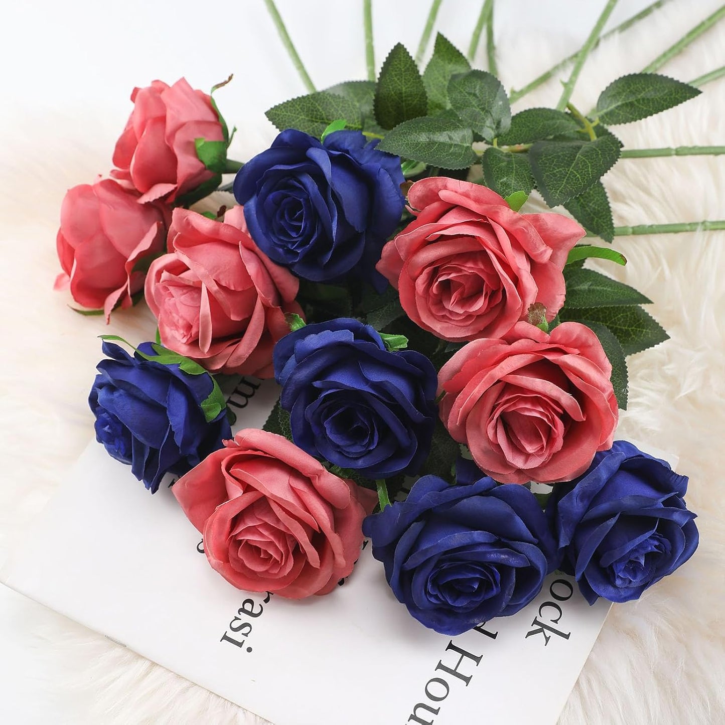 Blue Fake Roses Artificial Flowers - 16 Pcs Fake Artificial Roses Silk Flowers with Stems for Home Wedding Hotel Office Centerpiece Decor（Navy Blue）