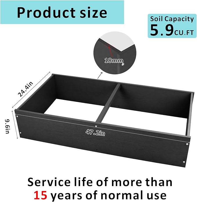 Raised Garden Bed 47.24 * 24.4 * 9.65 in,HDPE Vegetable Planter Bed Outdoor,Elevated Horticulture Planter Bed,Waterproof,Rot-Resistant and Non-Cracking Above Ground Garden Bed(Black)