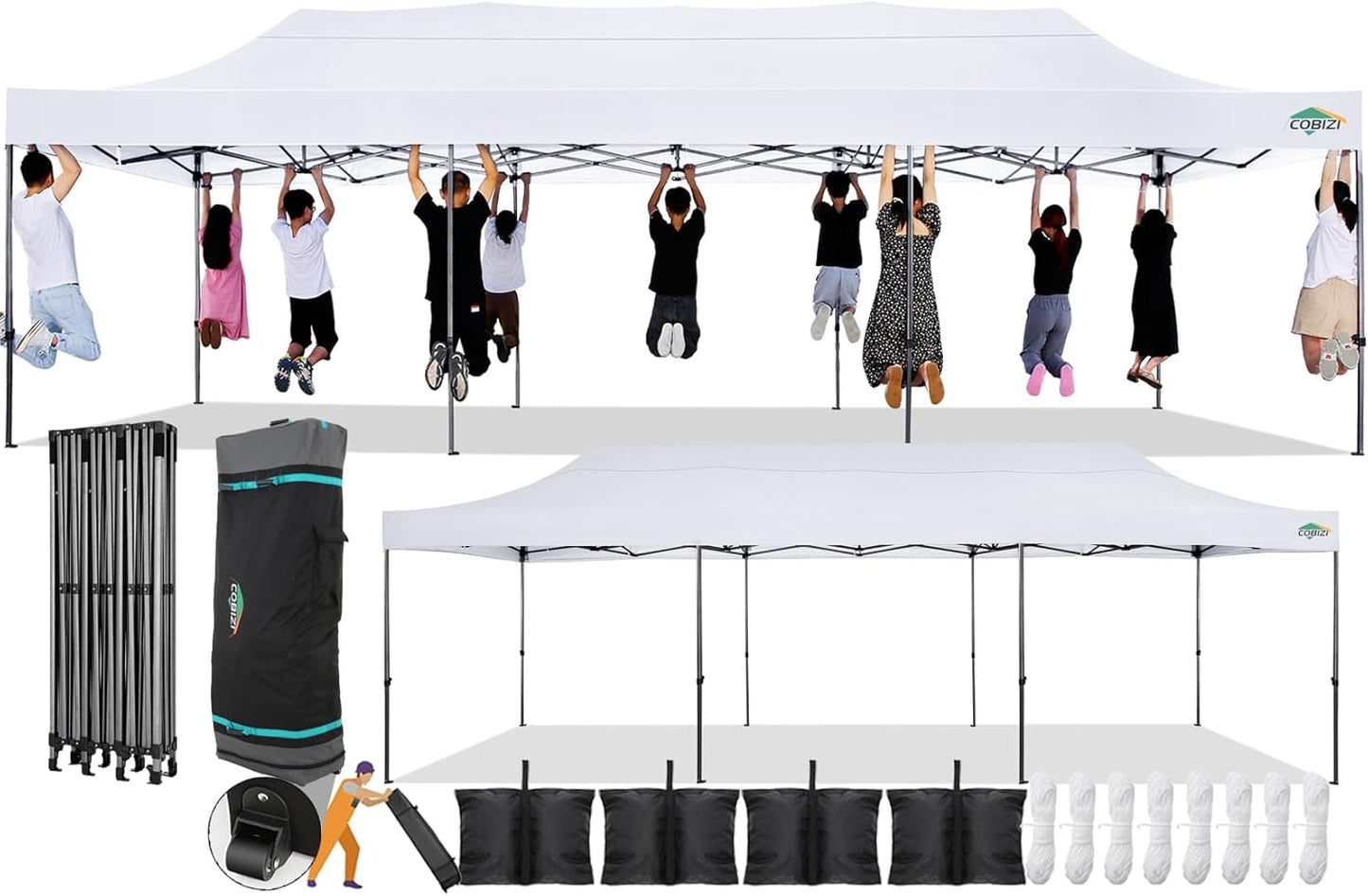 COBIZI 10x30 Pop Up Canopy Without Sidewall,Heavy Duty Canopy UPF 50+ All Season Wind Waterproof Commercial Outdoor Wedding Party Tents for Parties Gazebo with Roller Bag(10 x 30 ft White)