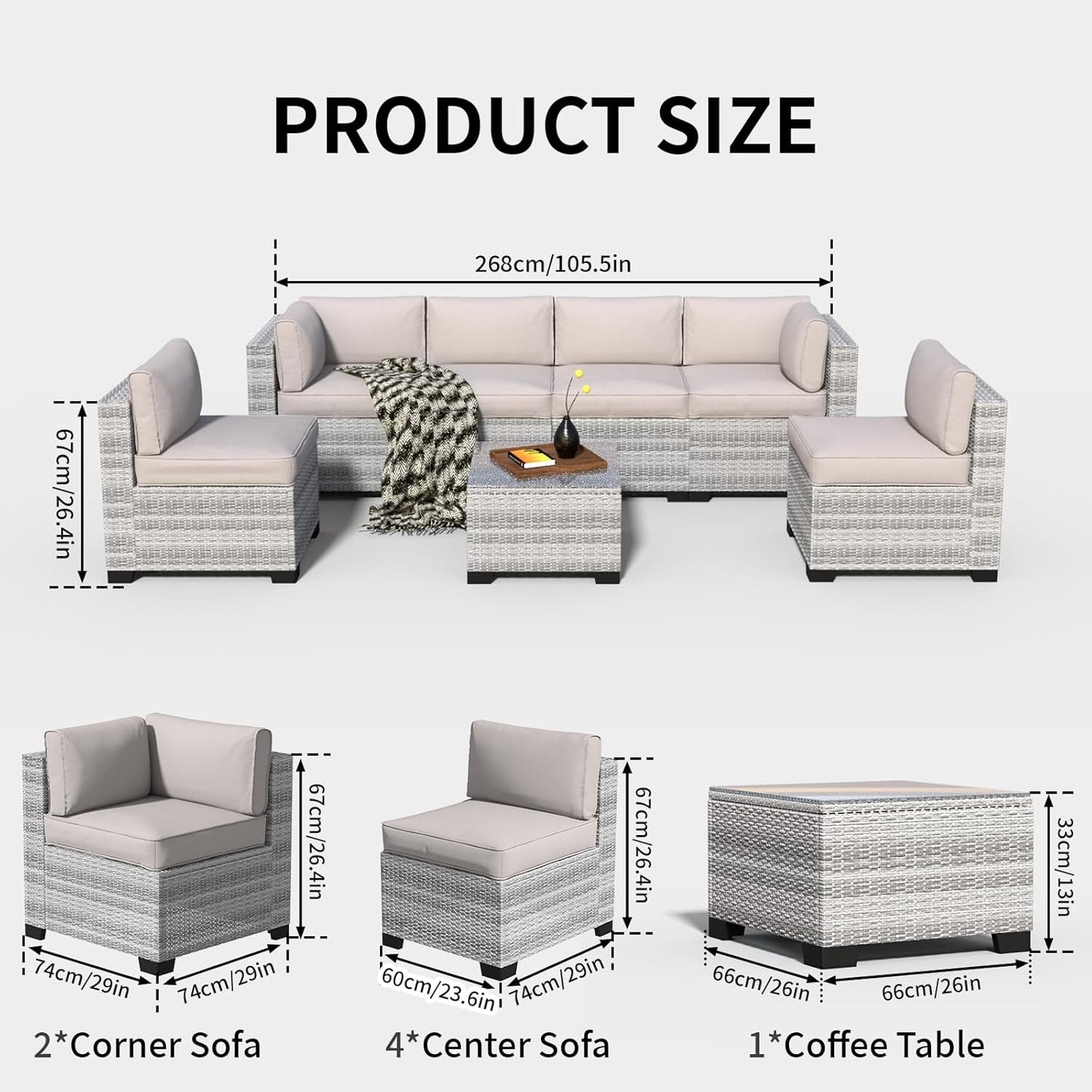 7 Piece Patio Furniture Set, Rattan Outdoor Patio Conversation Sets, Outdoor Sectional Furniture with Waterproof Cushion and Coffee Table, for Deck, Backyard, Garden, Field Gray