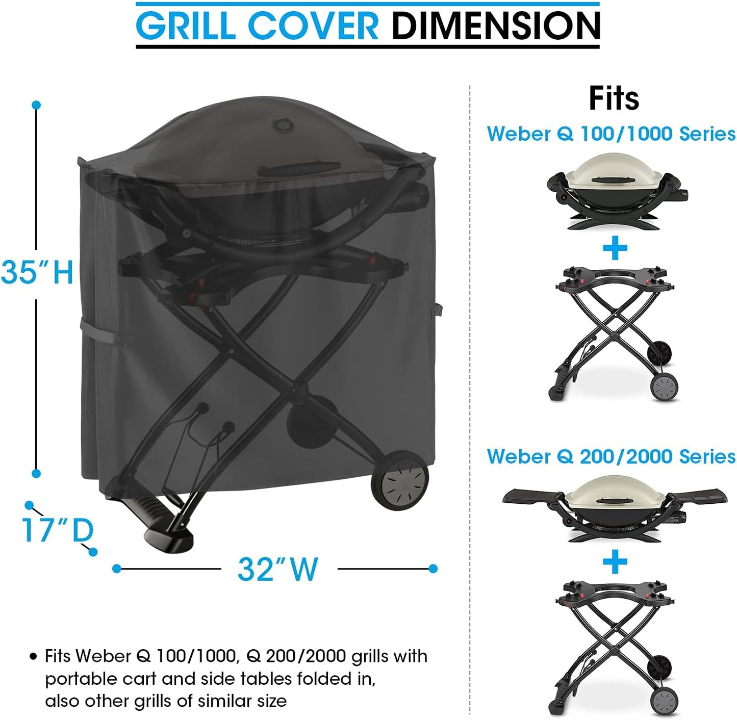Unicook Grill Cover for Weber Q 100/1000 Q 200/2000 Grills with Q Portable Cart, Compared to Weber 7113, Heavy Duty Waterproof Full Length BBQ Cover, Outdoor Fade Resistant Material, Black
