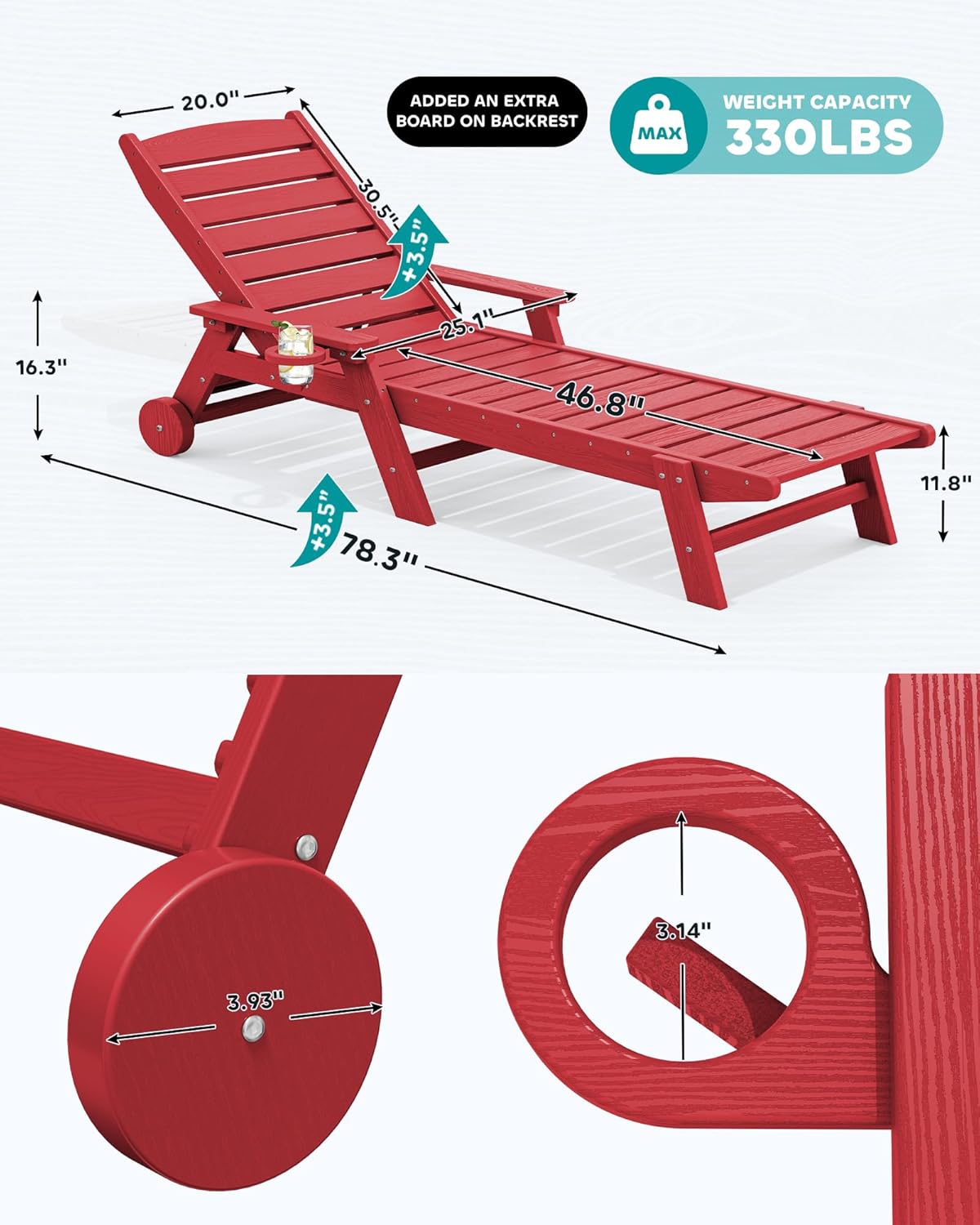 SERWALL Patio Chaise Lounge Chair Set of 2, 78'' Long 5-Positions Adjustable HDPE Outdoor Lounge Chair for Pool, Poly Lounge Chair with Rolling Wheels & Cup Holder for Poolside, Deck, Bright Red