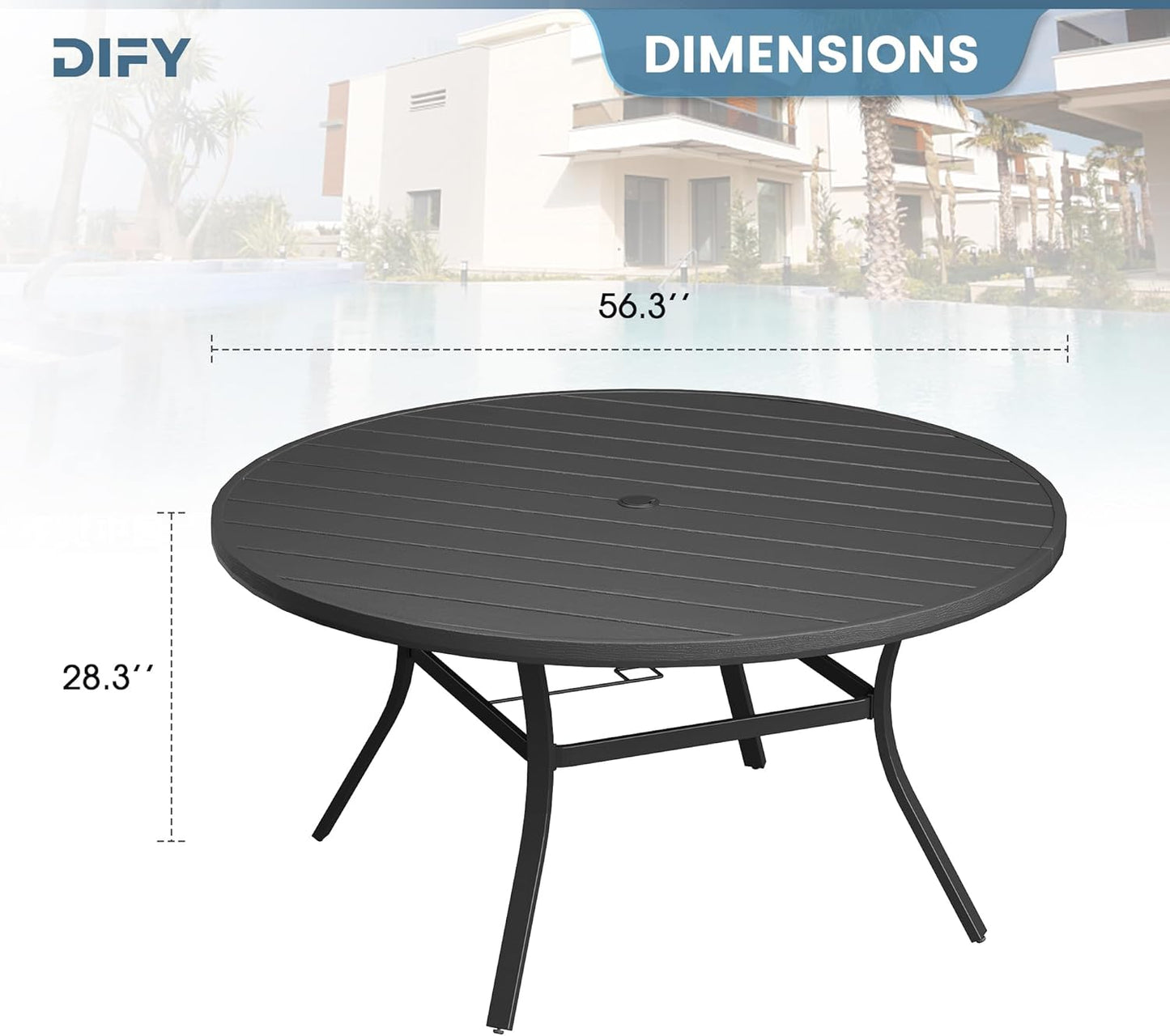 DIFY Round Outdoor Patio Dining Table for 8, 56.3" Patio Table with All-Weather Faux Wood Tabletop and Metal Steel Frame, Outside Table for Garden Porch Backyard, Black Tabletop