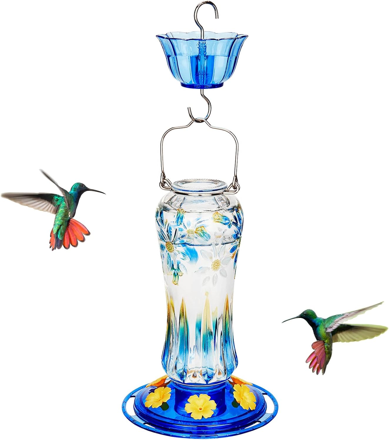 Kingsyard Hummingbird Feeder for Outdoors Hanging, 25 Ounces, Glass Humming Bird Nectar Feeder with Ant Moat & 6 Feeding Ports, Leak Proof, Blue