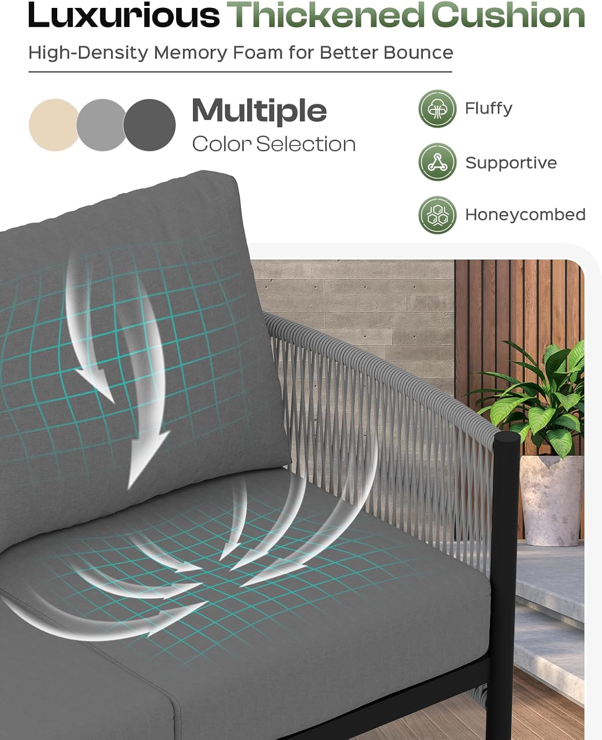 Aluminum Outdoor Patio Furniture Set, HDPE Rope 4 Piece Modern Sectional Conversation Sets with Dual-Layer Coffee Table, All Weather Patio Couch Sofa with Thick Cushions, Gray Frame, Charcoal