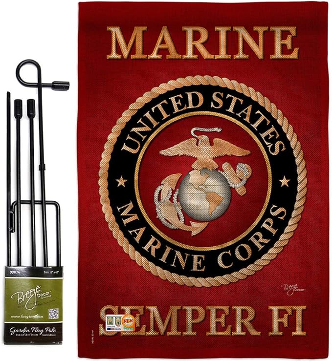 Marine Corps Burlap Garden Flag - Set with Stand Armed Forces USMC Semper Fi United State American Military Veteran Retire Official - House Banner Small Yard Gift Double-Sided Made In USA , Garden Flag 13"x 18.5"
