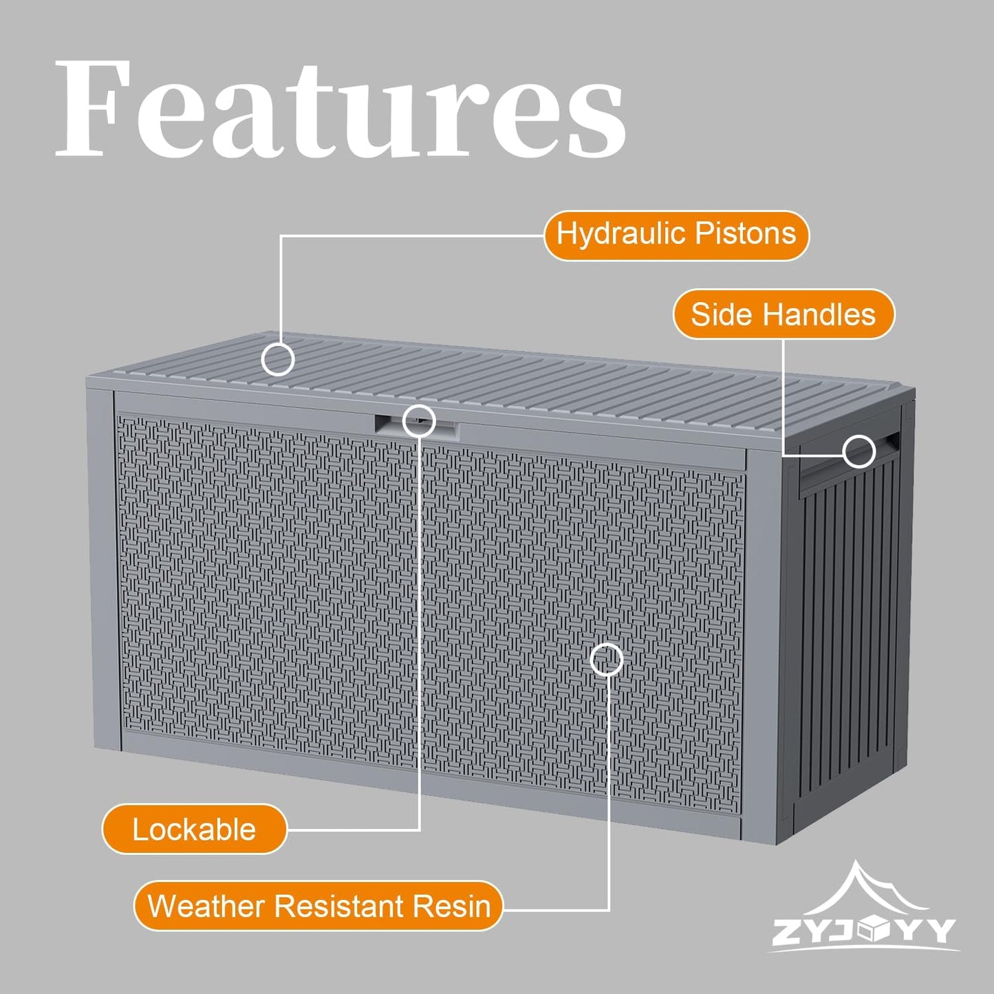 Outdoor Storage Box, 90 Gallon Deck Box, Waterproof Resin Storage Bin for Patio Cushions, Gardening Tools, Lockable, UV Resistant, Grey