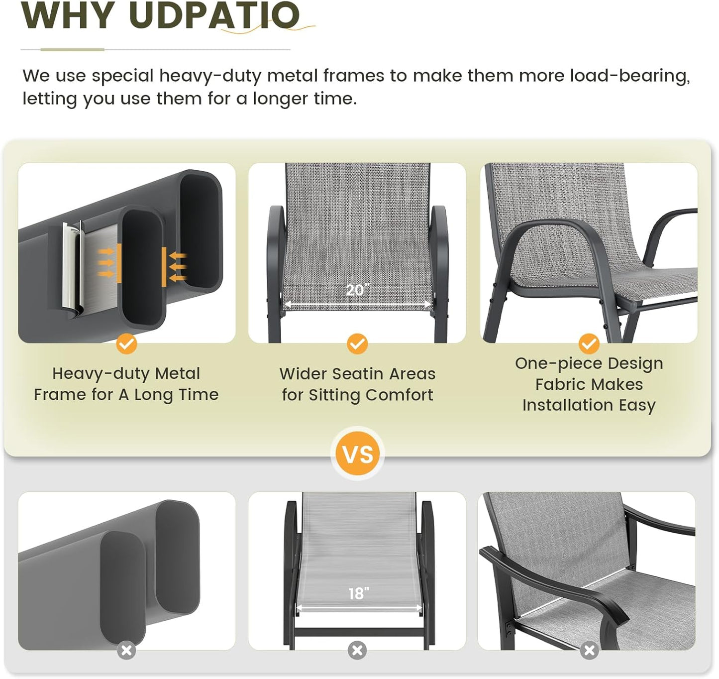 UDPATIO Patio Dining Set of 7, Outdoor Table and Chairs Set with Square Metal Table, 6 Stackable Patio Chairs with High Back, Outdoor Furniture for Deck Garden Backyard Lawn Poolside (Light Grey)