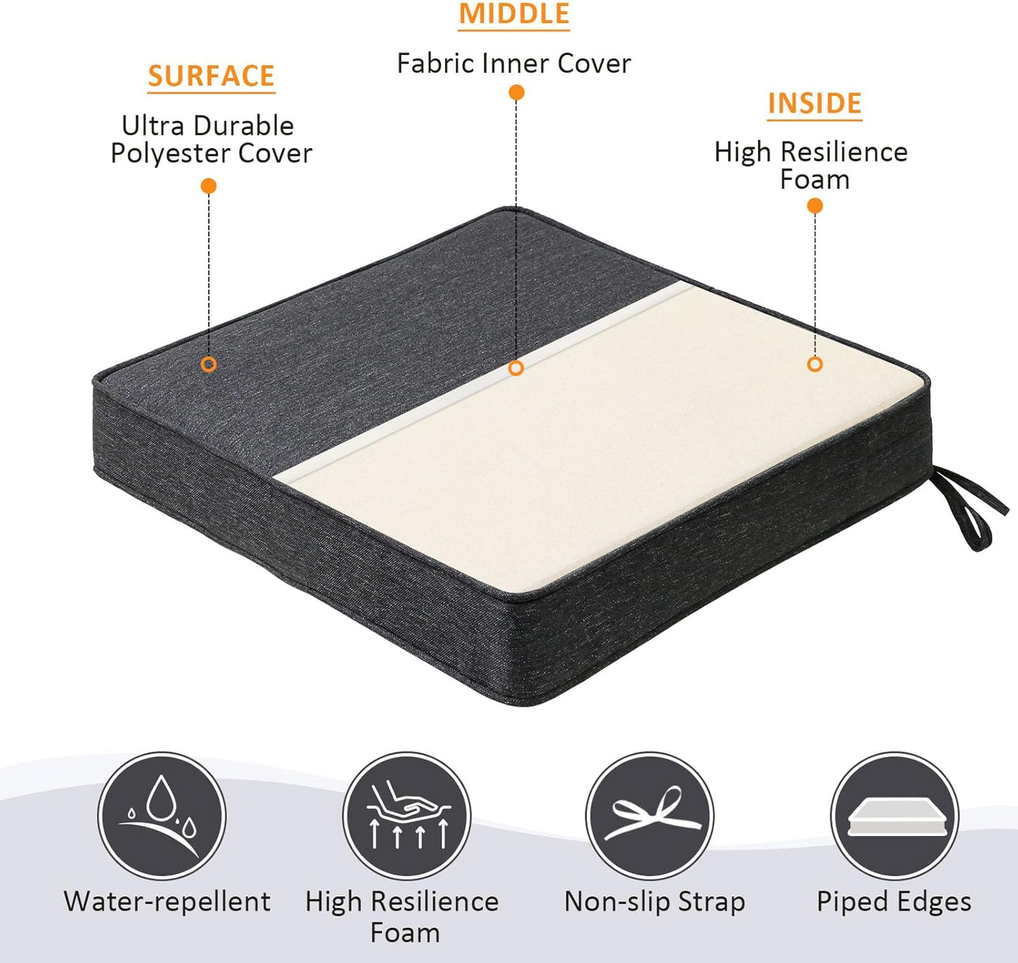 Square Corner Seat Cushions, 19" x 19" x 3", Set of 4, Indoor Outdoor Water Repellent Universal Chair Pads with Ties for Patio Furniture, Garden Deck Dining Chairs, Charcoal