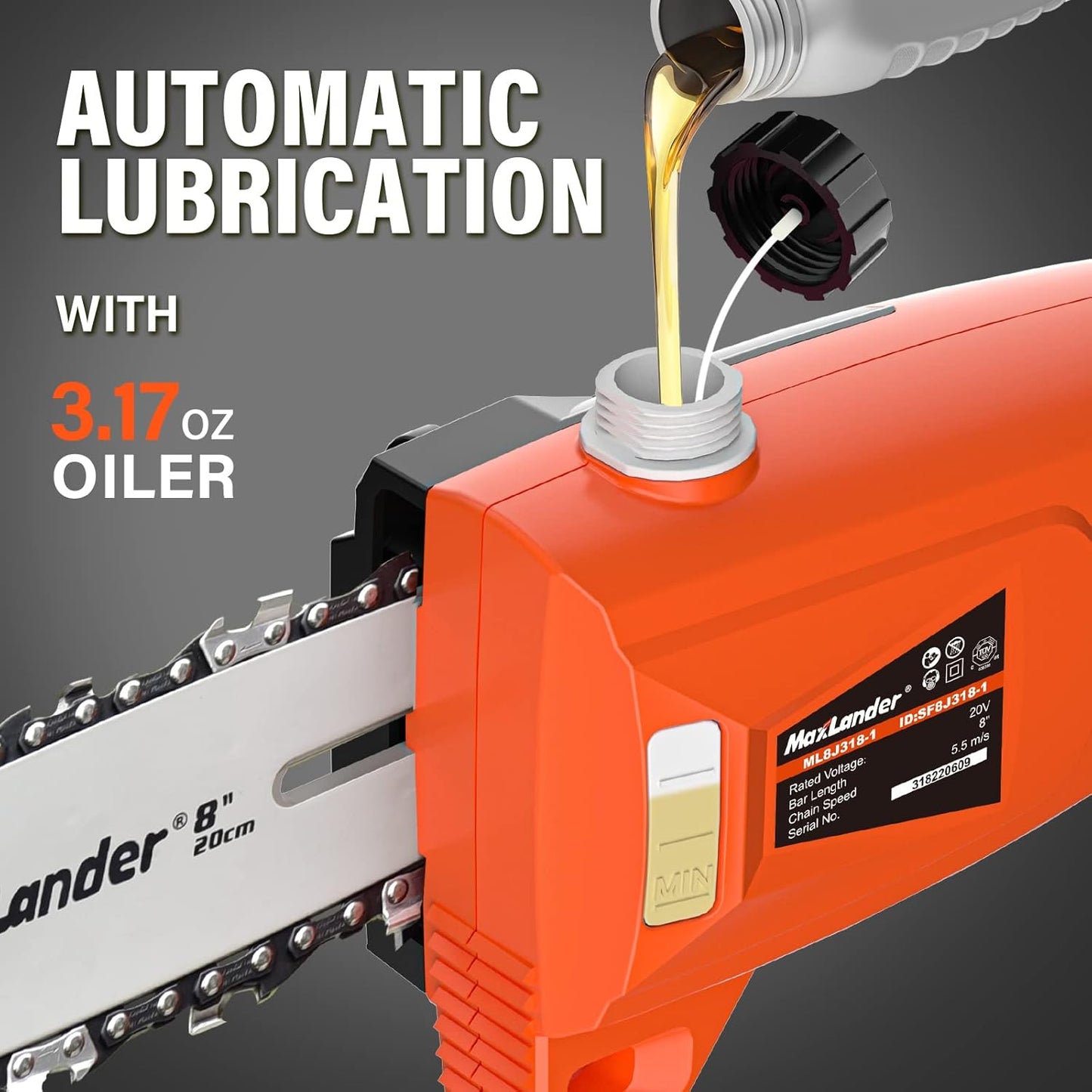 MAXLANDER 8 Inch Cordless Pole Saw, 20V Power Pole Chainsaw for Tree Trimming, Telescoping Electric Tool-free Installation, Adjustable Head Pole Saw with 2.0Ah Battery & Fast Charger