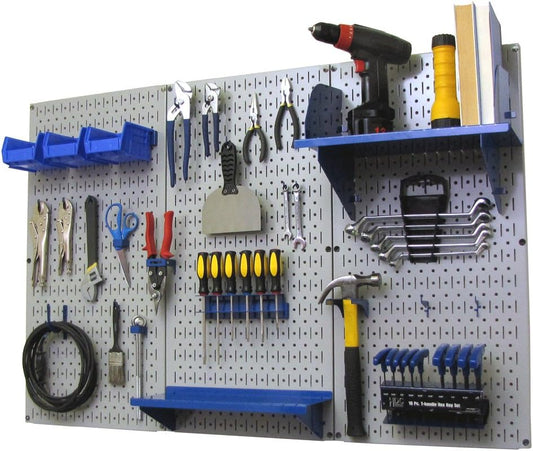 Wall Control Pegboard Organizer 4 ft. Metal Pegboard Standard Tool Storage Kit with Gray Toolboard and Blue Accessories