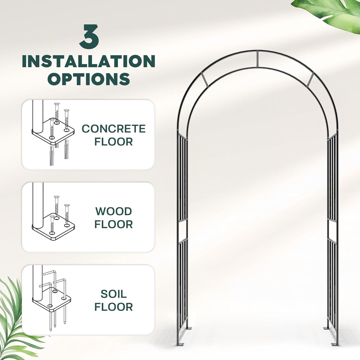 IDZO 86in Metal Garden Arbor Arch, Sturdy & Durable Trellis with Ground Stakes, 3 Installation Options, Ideal for Climbing Plants & Outdoor Decoration