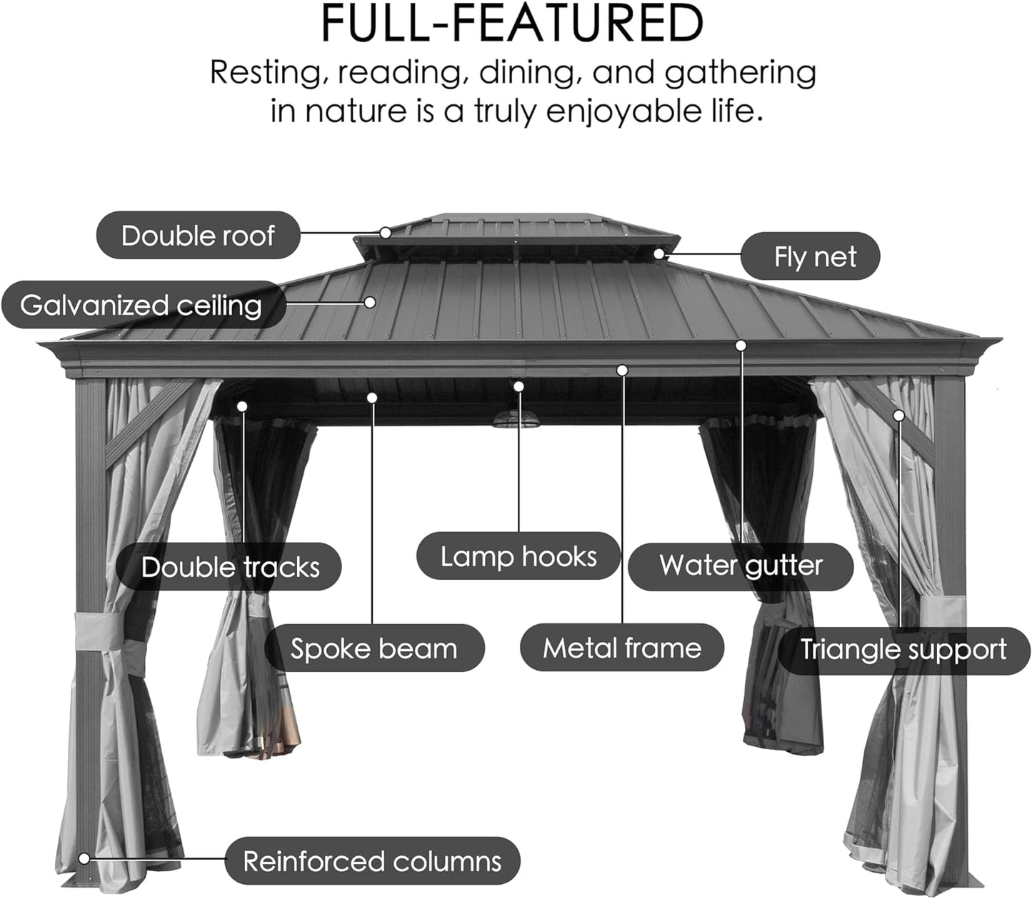 Kozyard Alexander 12' X 20' Hardtop Permanent Aluminum Metal Gazebo with Galvanized Steel Double Roof Canopy, Curtain and Netting Pavilion for Patio, Backyard, Deck, Lawn (Gray)