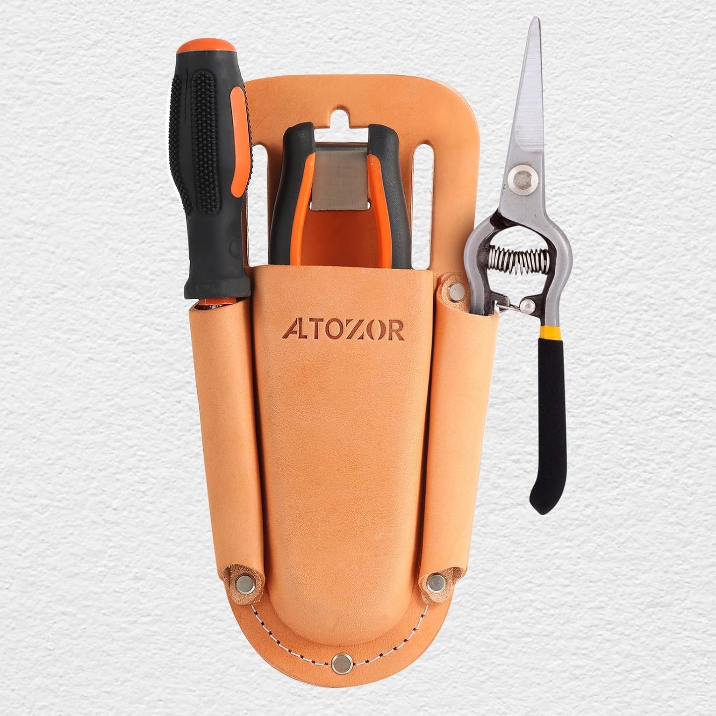 Leather Holster 3 Pocket Tool Pouch for Pruning Shears,Multi Tool Holder Gardening/Outdoor/Construction/Electrician Utility Tools