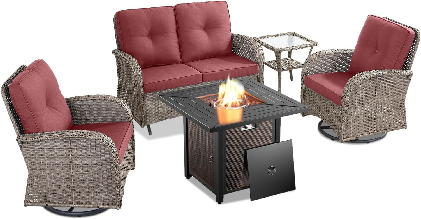 5 Piece Outdoor Patio Furniture Set with 50000 BTU Propane Fire Pit Table, Deep Seating Wicker Swivel Rocker Chairs and Loveseat Glider Patio Conversation Set for Poolside Deck Backyard