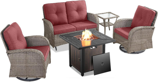 5 Piece Outdoor Patio Furniture Set with 50000 BTU Propane Fire Pit Table, Deep Seating Wicker Swivel Rocker Chairs and Loveseat Glider Patio Conversation Set for Poolside Deck Backyard