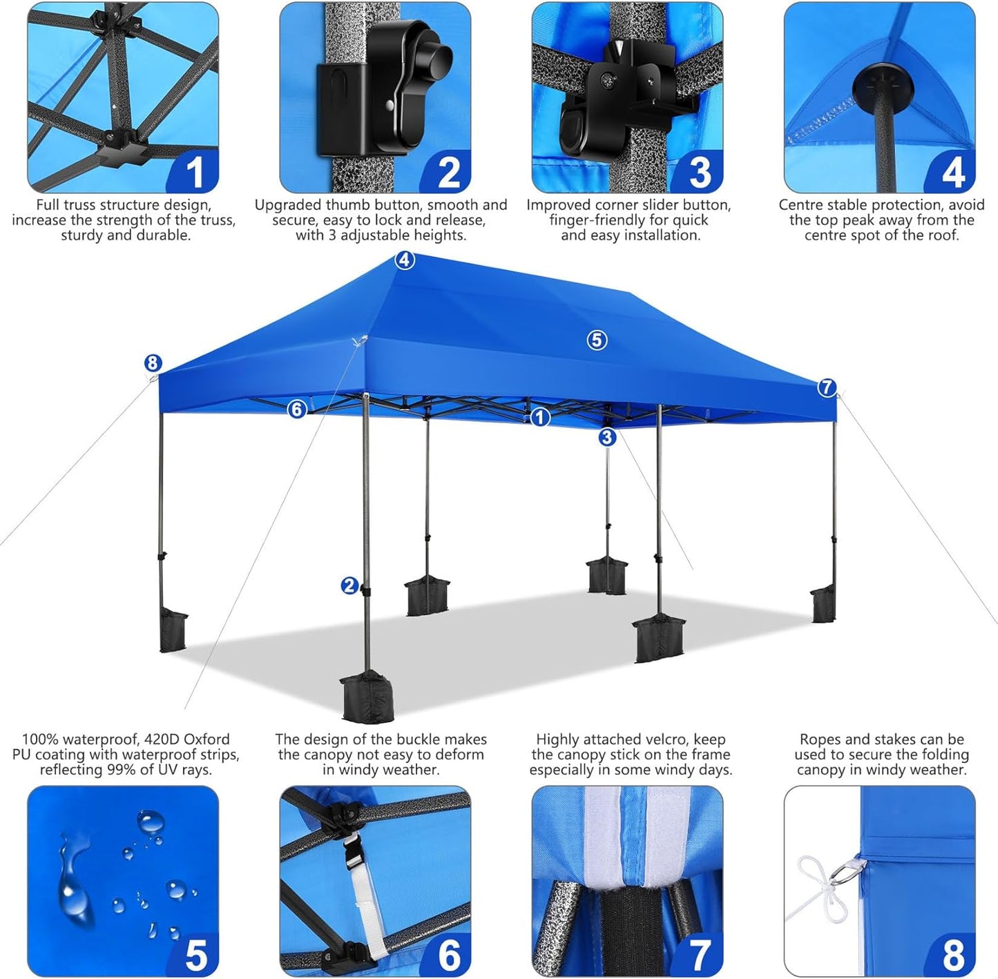COBIZI 10x20 Pop up Canopy Tent Heavy Duty Without Sidewalls, Easy Set-up Commercial Outdoor Party Tent, 100% Waterproof Wedding Canopy Gazebo, 3 Height Adjustable with Wheeled Bag, Blue