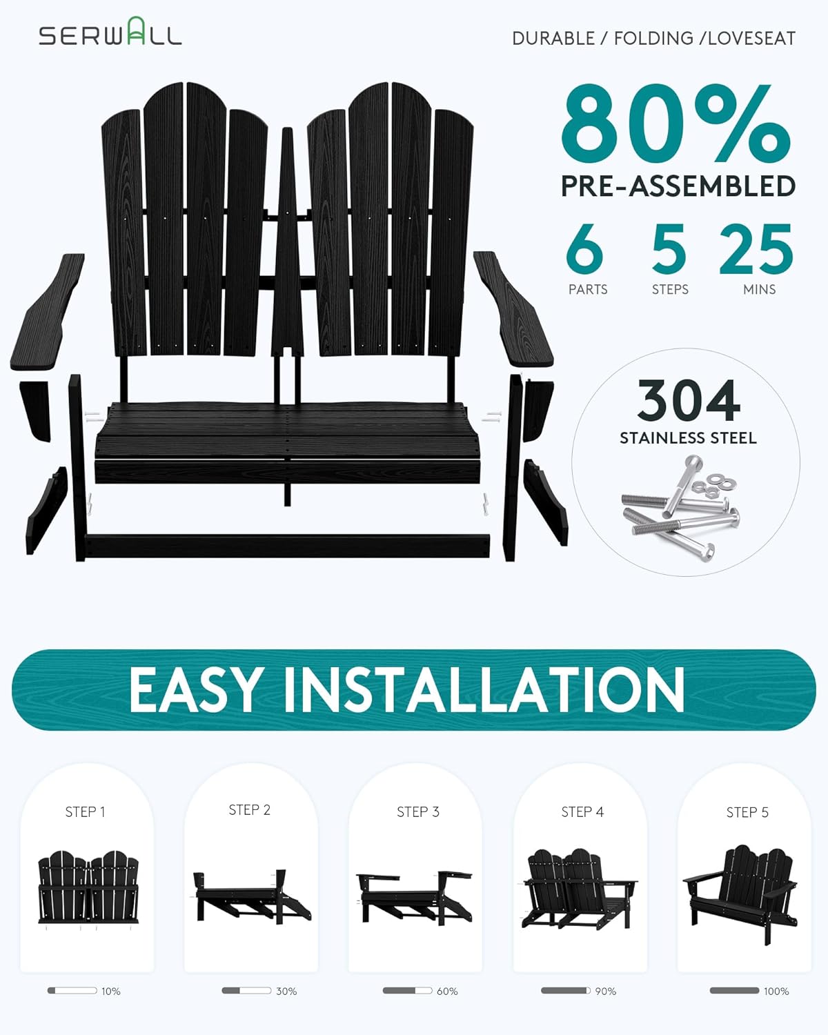 SERWALL Folding Adirondack Bench, HDPE All-Weather Adirondack Loveseat Set of 2, Black