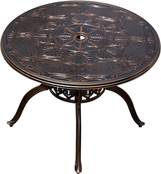 Outdoor Table Cast Aluminum Round Patio Table with Umbrella Hole All Weather Outdoor Dining Table for Lawn Garden Backyard (100cm Palm Round Table)