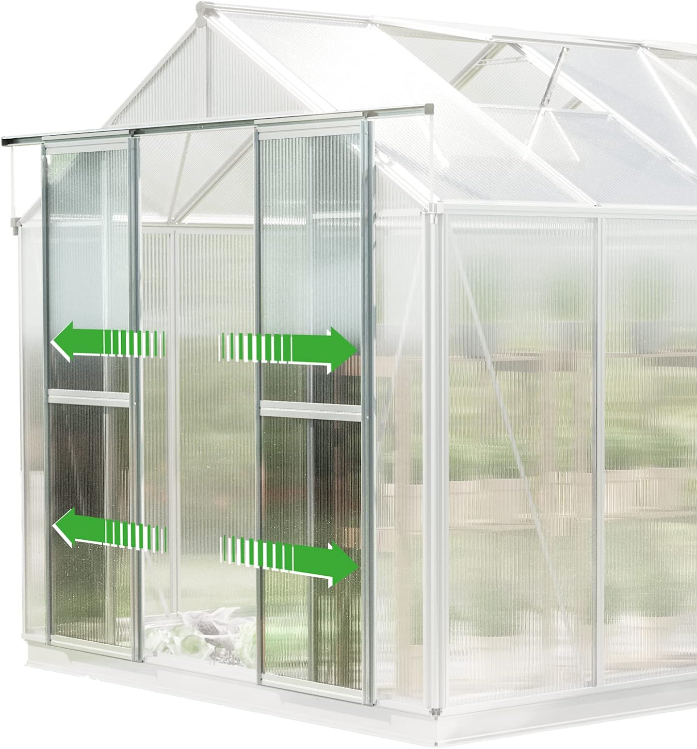 Greenhouse Saphir 4 Aluminum Frame 8.5 x 8.5 ft Approx. 6 mm Polycarbonate Panels - with Bonus Base Frame and Automatic Vent Opener