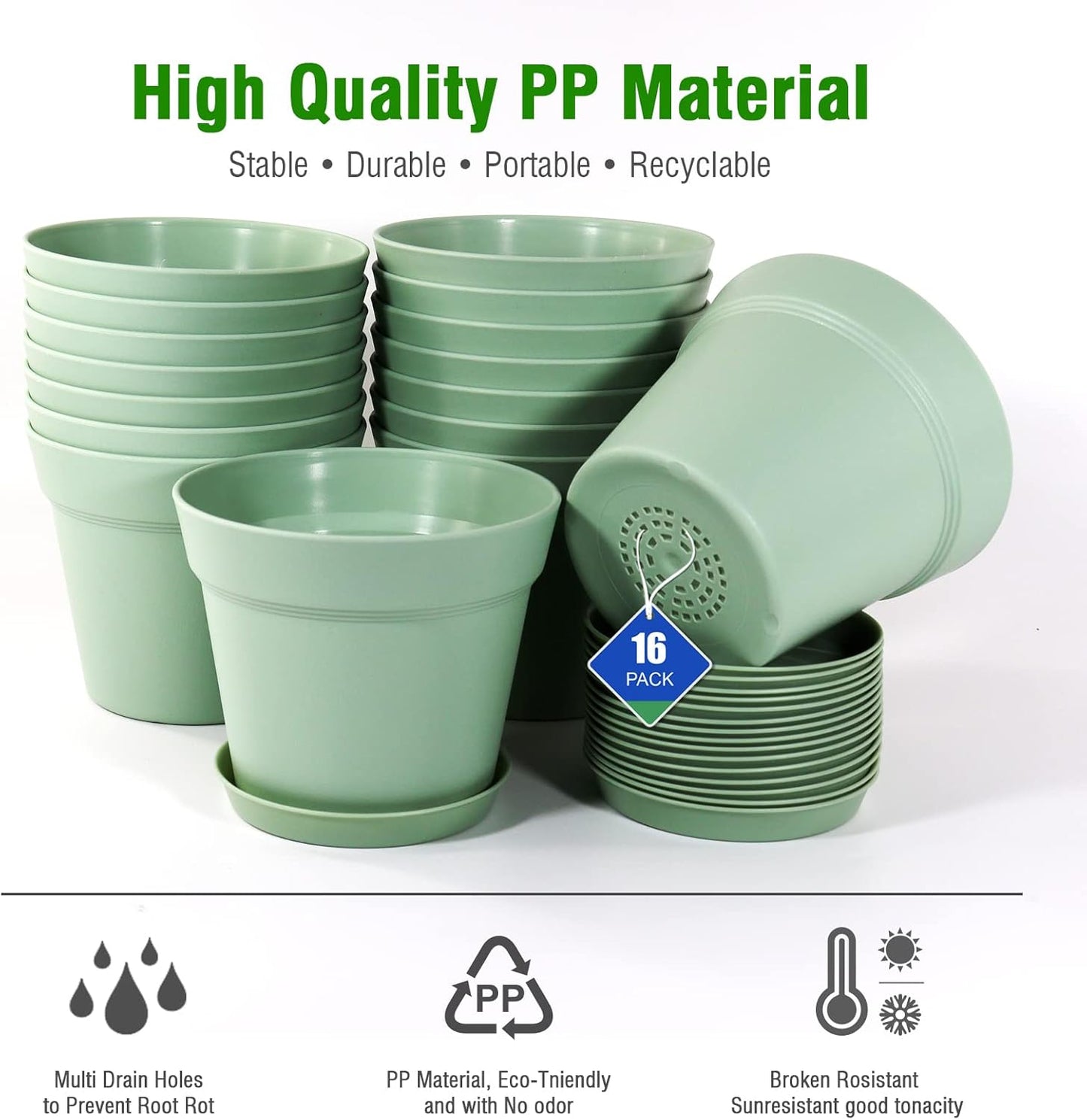 WOUSIWER 16 Pack 6 inch Plastic Planters, Plastic Indoor Planter Flower Pots, Heavy Duty and Stylish 6 Inch Plant Pots for Indoor Plants with Drainage Holes and Tray for Plants Flowers, Green