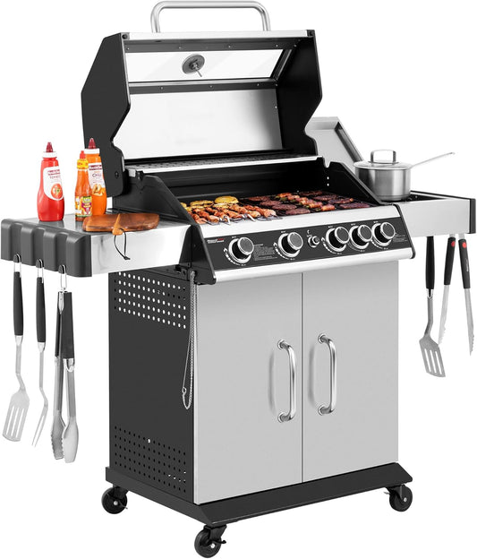 4-Burner Propane Gas Grill with Side Burner, Cabinet Style Grill with Glass Viewing Window, Porcelain-enameled Cast Iron Grate & Stainless Steel Warming Rack, Silver, SG5003S-SC