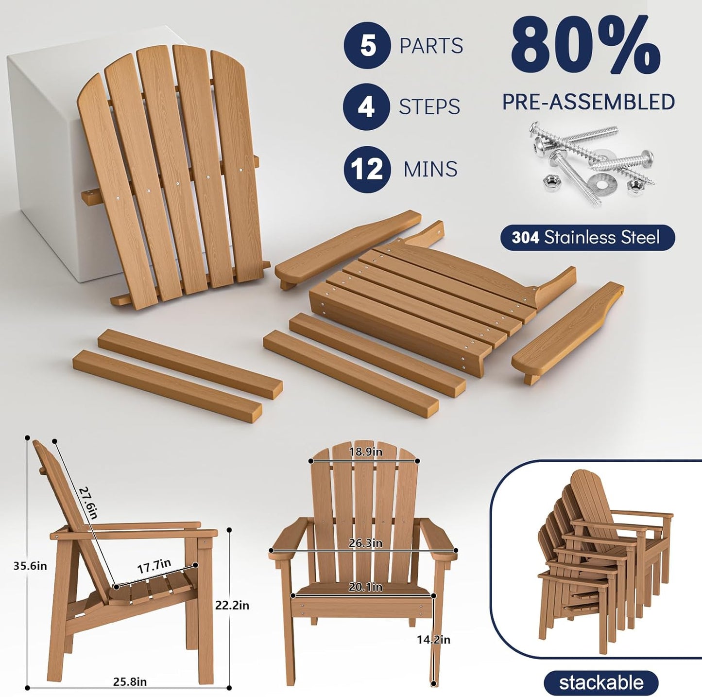 Stackable Adirondack Chair Set of 2, HDPE Outdoor Patio Chair - Durable and Space Saving, Suitable for Porches, Lawns or Garden, Teak