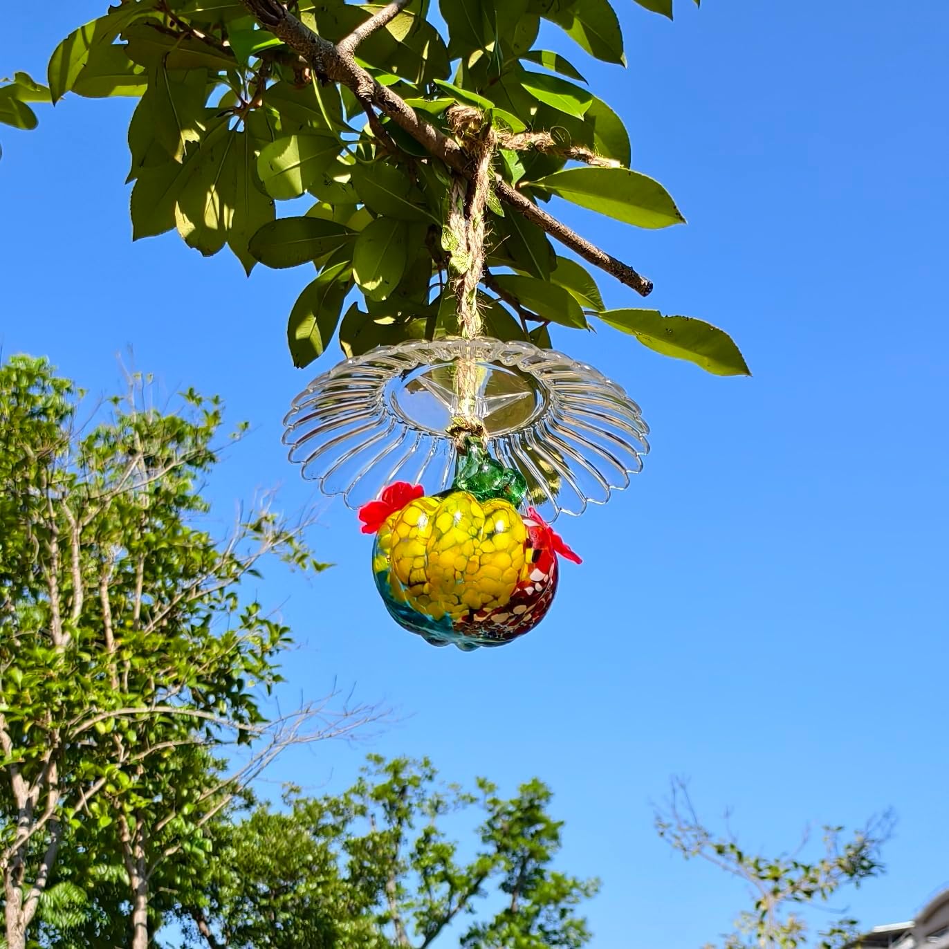 Small Glass Hummingbird Feeders for Outdoors Hanging + Rain Cover - Hand Blown Glass Pumpkin Nectar Feeding, 2 Flowers Feeding Ports, Decor for Garden/Backyard Outside, Multi Color