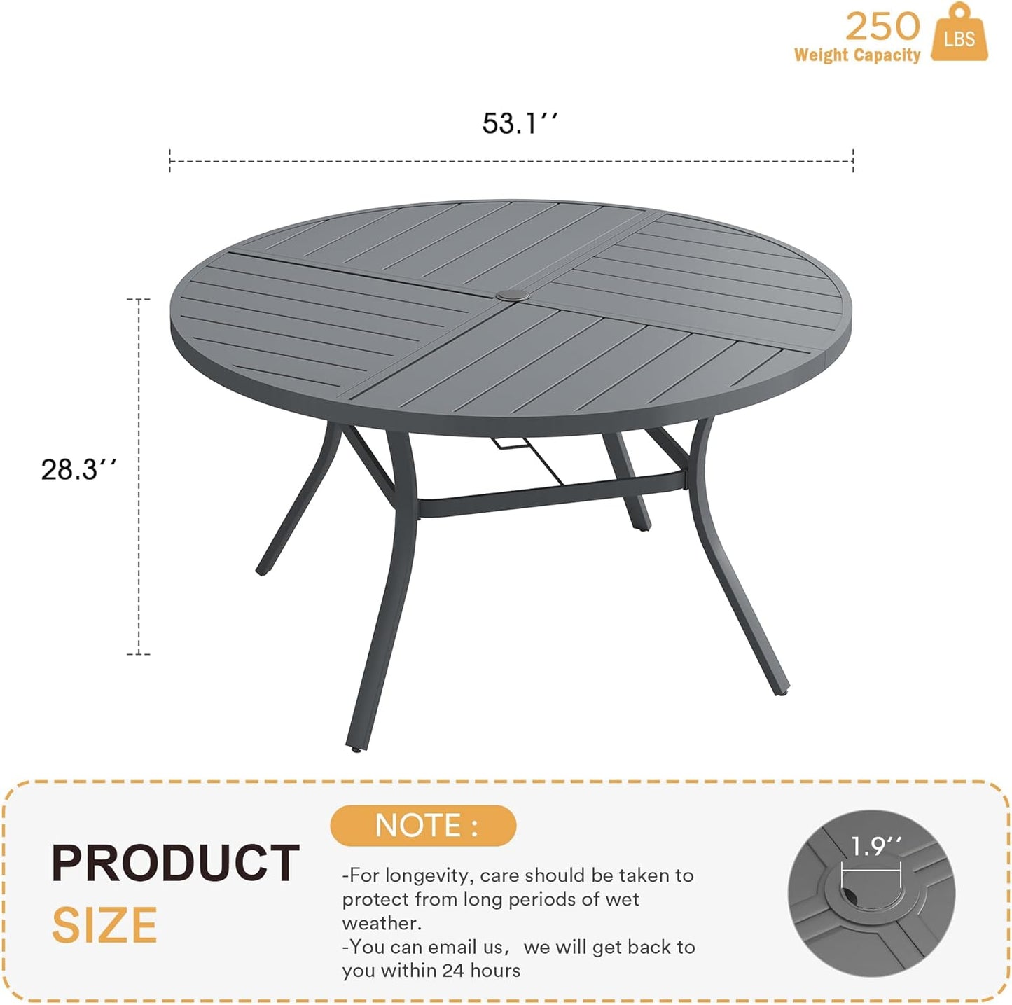 VICLLAX Round Patio Table with Adjustable Umbrella Hole for 8, All Weather Metal Outdoor Dining Table for Lawn Garden, 53.1" Outdoor Coffee Table, Grey Tabletop