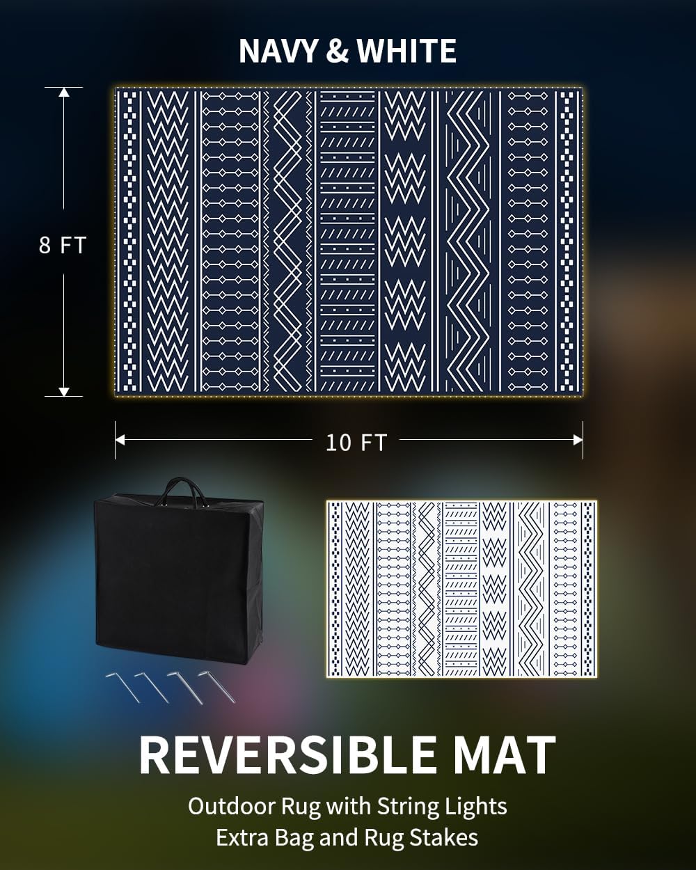 Outdoor Rug Carpet Waterproof 8x10 ft with LED Strip Lights-Patio Rug Mat Indoor Outdoor Rug for RV Camping Picnic Reversible Lightweight Plastic Straw Outside Rug for Patio Decor Decoration Boho Rug