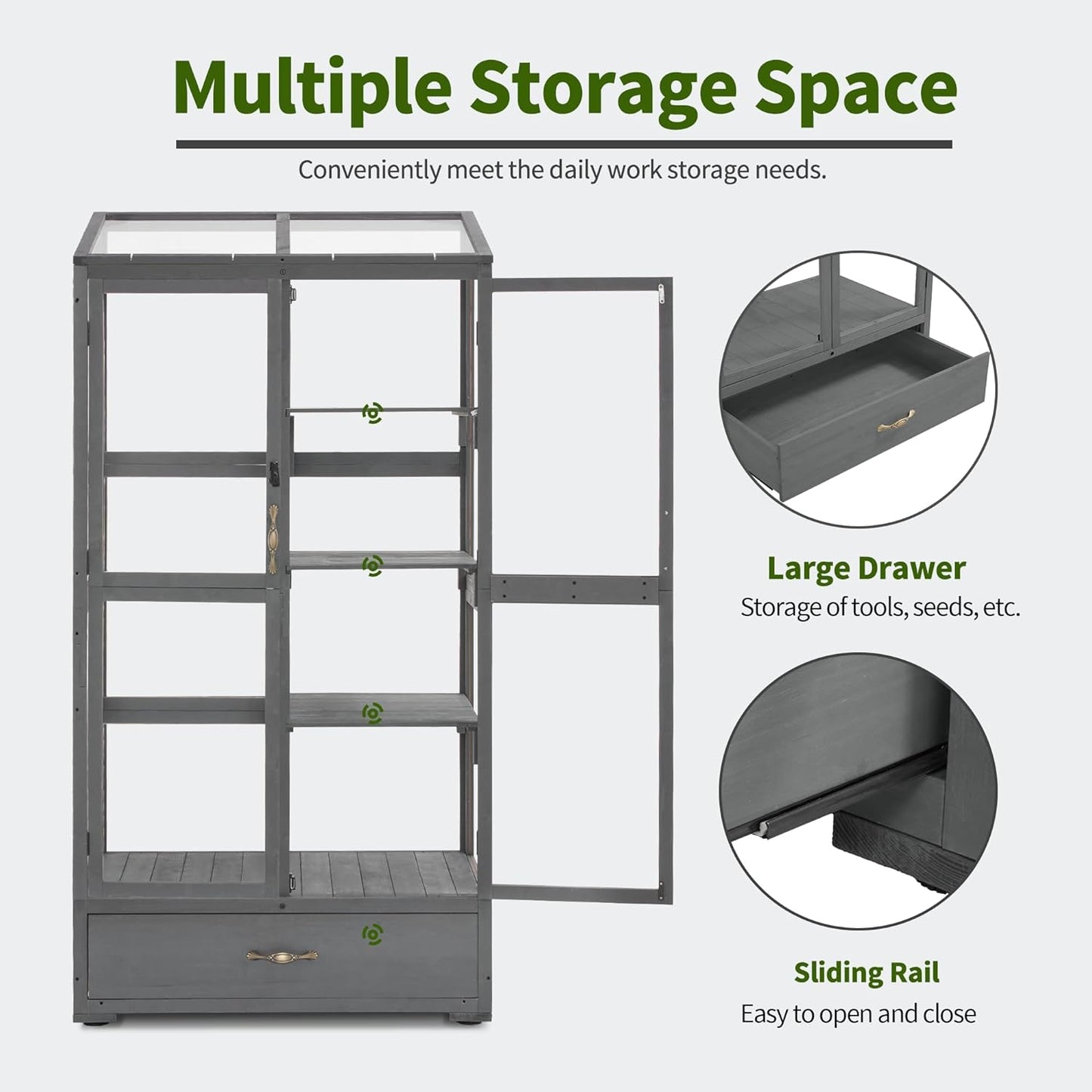 Macrout Cold Frame Greenhouse, Tall Wooden Greenhouse for Outdoor Indoor Use with Polycarbonate Panels, 3 Tier Garden Cold Frame with Drawer and Shelves, 0864 (Dark Grey)