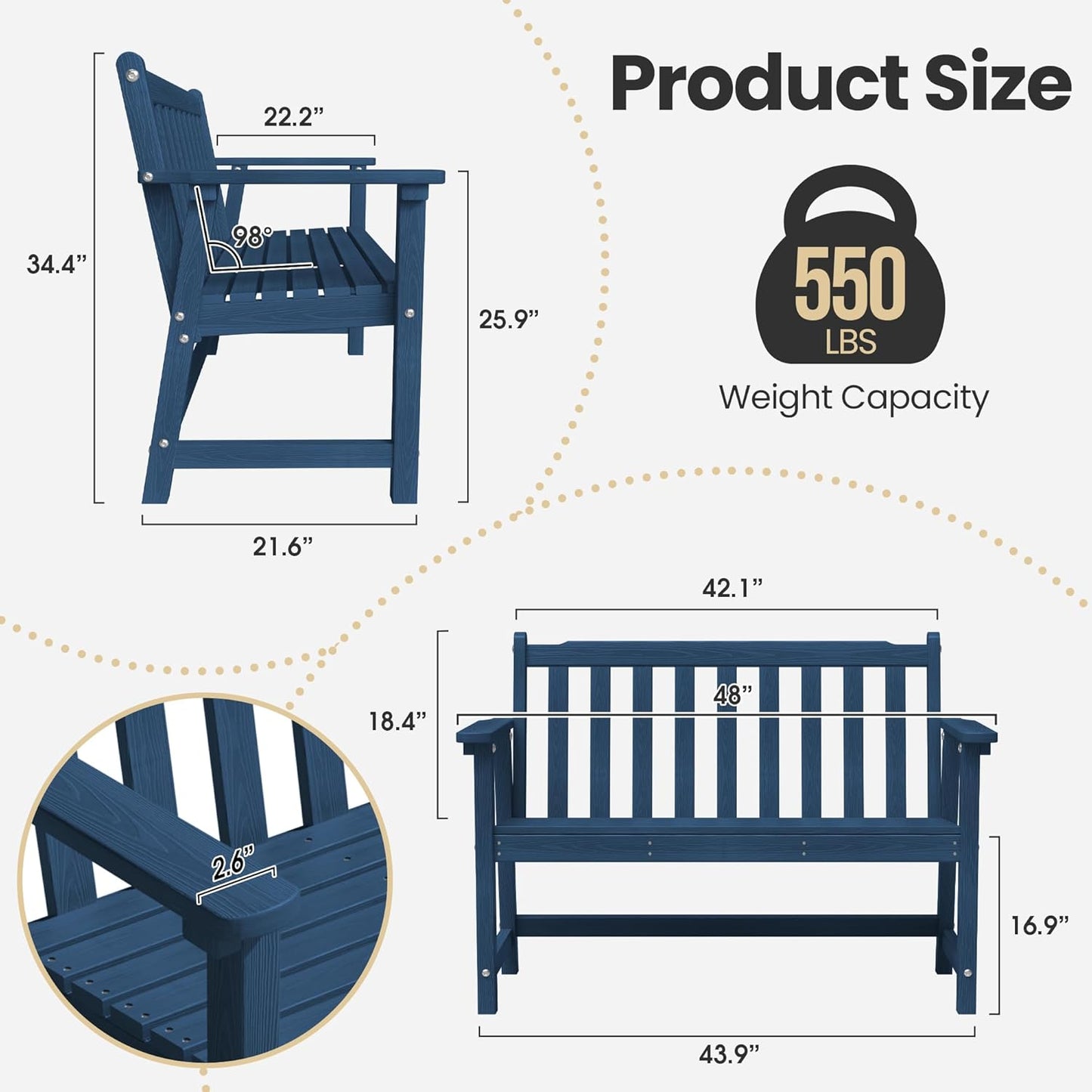 Ciokea 44" Outdoor Bench, HDPE Weatherproof Garden Bench, 2-Person Porch Benches with 550 Lbs, Waterproof Patio Benches for Outside Balcony Deck Backyard, Navy Blue
