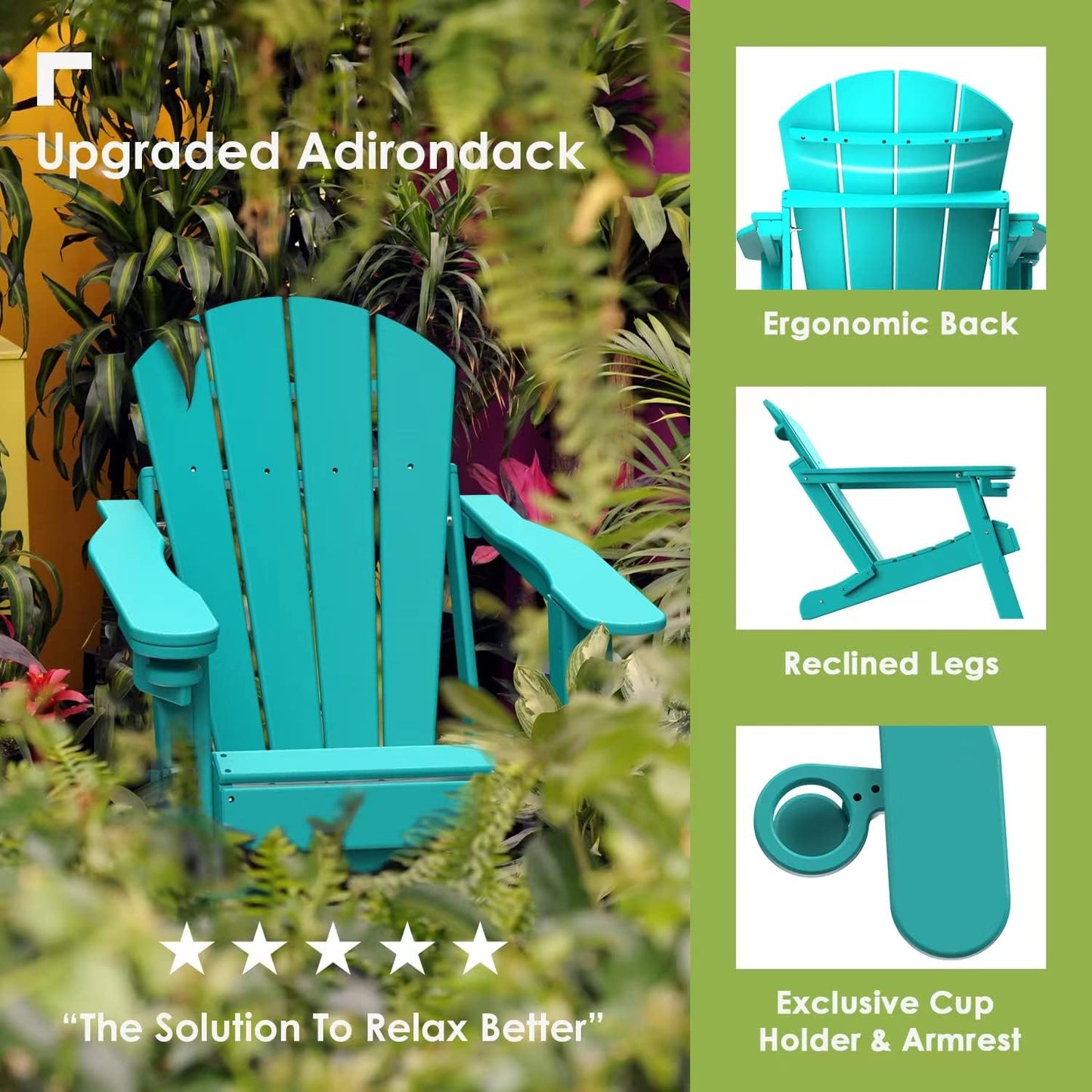 GREENVINES Folding-Adirondack-Chairs-Set-of-2 | HDPE Plastic | Fire Pit Chair | All Weather | Cup Holder | Aqua | for Deck Backyard Patio Outdoor Garden