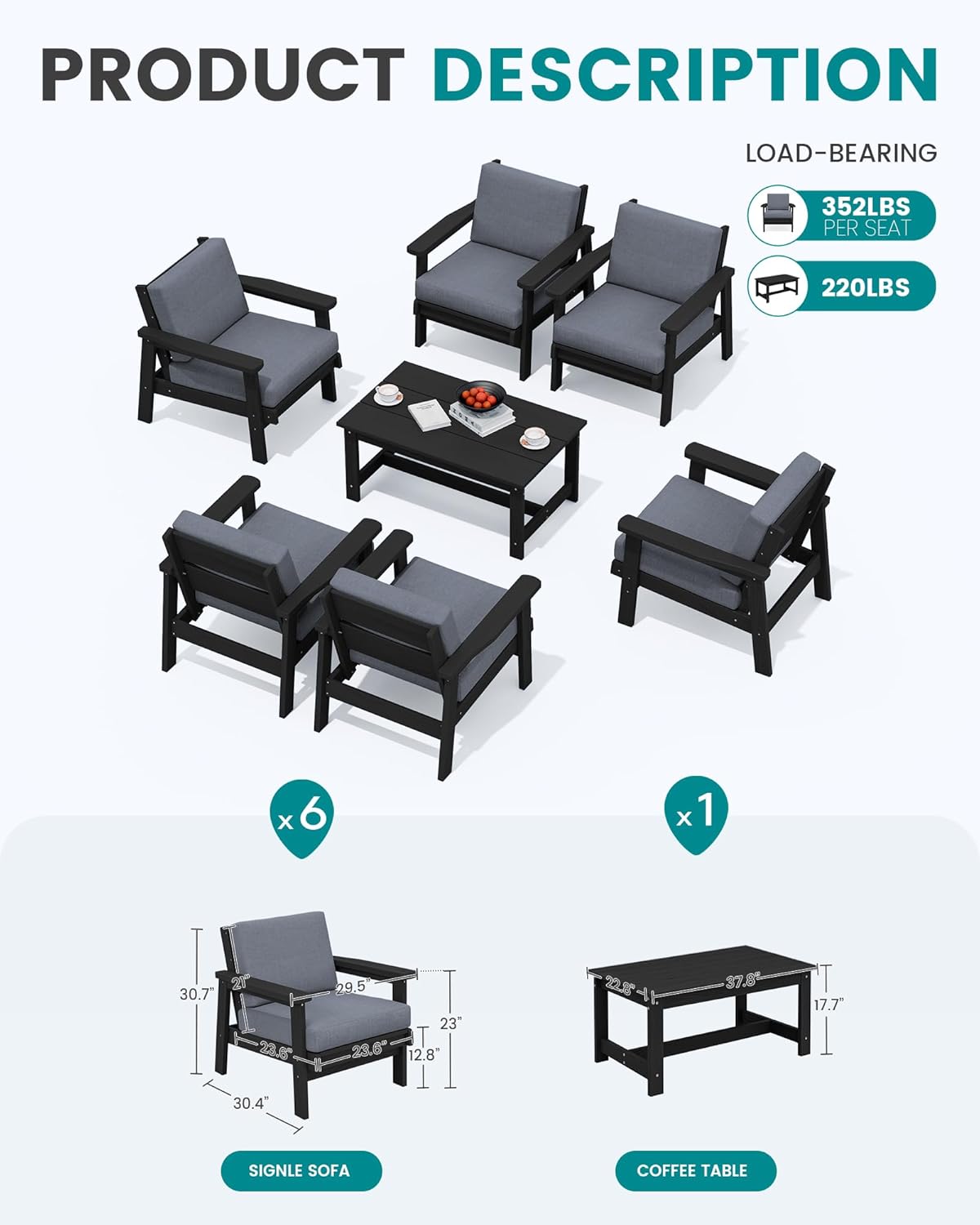 SERWALL HDPE Outdoor Furniture Set, 7 Piece All Weather Wood-Like Outdoor Sofa Sectional Couch, Black Patio Furniture Set with Grey Cushions