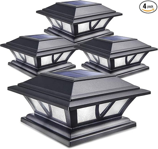 SIEDiNLAR Solar Post Lights Outdoor 2 Modes LED Deck Fence Cap Light for 4x4 5x5 6x6 Posts Patio Garden Decoration Warm White/Cool White Lighting Black (4 Pack)