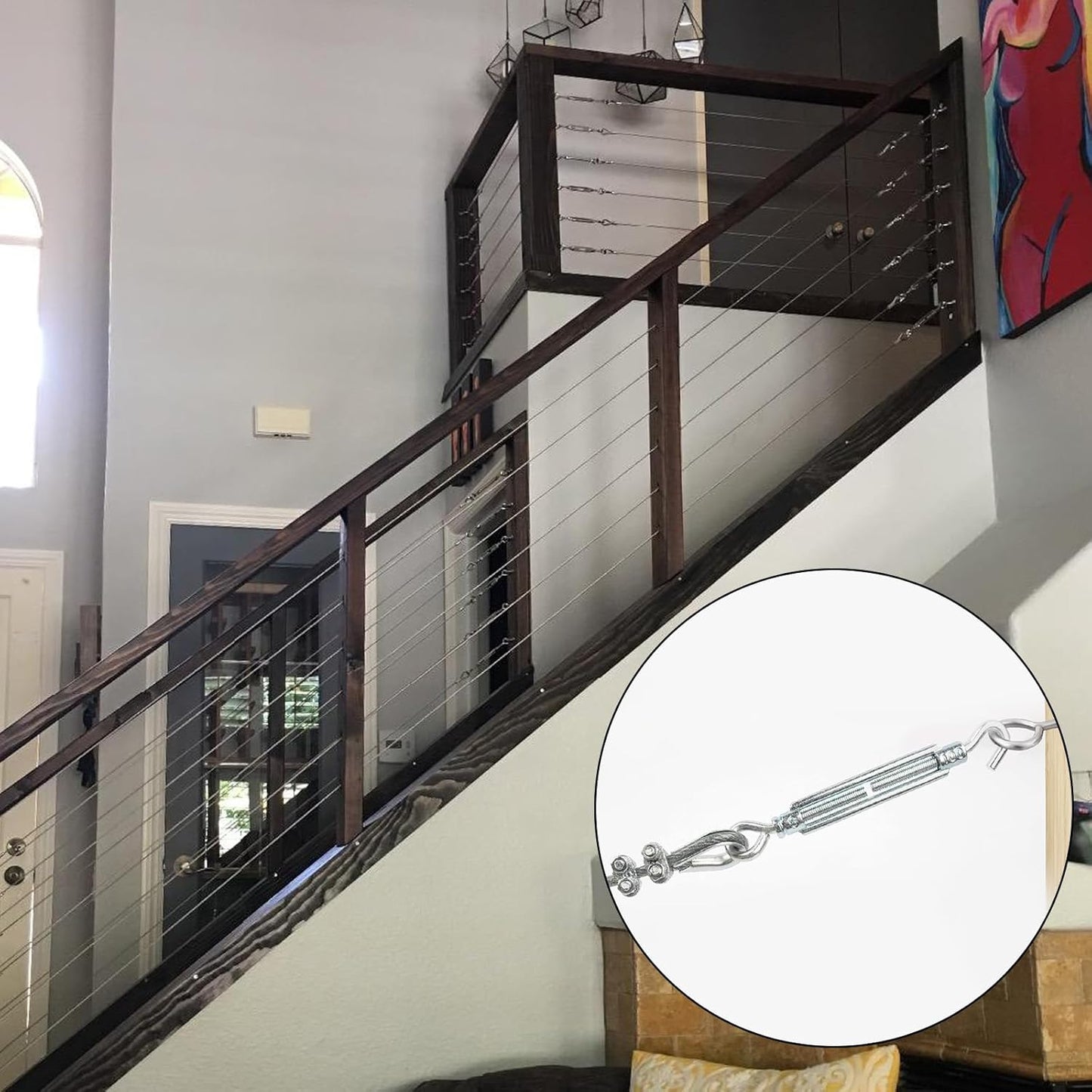 M6 Turnbuckles for Cables Wire Kit, 1/8" PVC Coated Steel Cable Kit w/ 7×7 Strand Core & 100Ft Wire Rope Tensioner Strainer for String Light Hanging/Deck Stair Railings/Shade Sail/Clothes Line