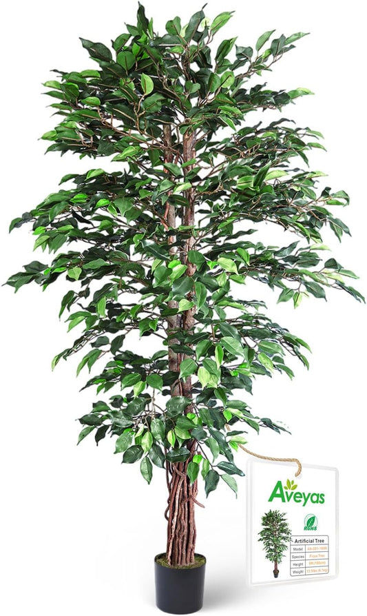 Aveyas 6ft Artificial Ficus Tree for Home Decor, 6 Feet Faux Plant Fake Silk Trees with Pot for Indoor Outdoor House Living Room Office Garden (6 ft Tall)