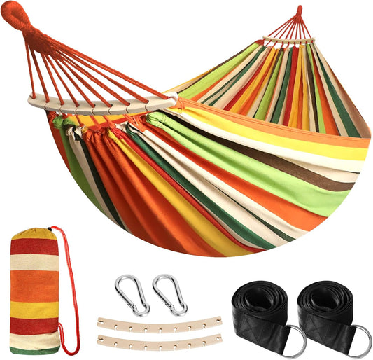 Anyoo Garden Cotton Hammock Comfortable Fabric Hammock with Spreader Bar Sturdy Hammocks Up to 450lbs Portable Lightweight Hammocks with Travel Bag for Camping Outdoor/Indoor Patio Backyard