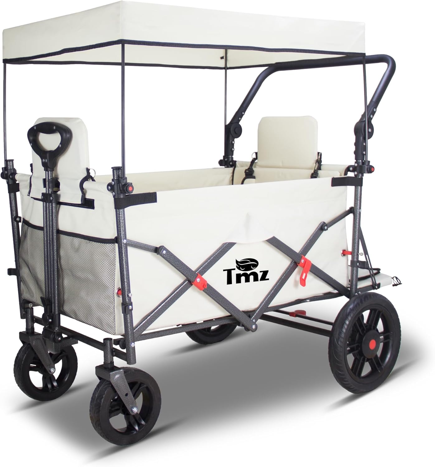 TMZ Collapsible Foldable Wagon Cart with Quick-Release Wheels and 2 Seats, Heavy Duty Wagon 265LBS Load Capacity for Camping Garden Shopping (Beige)