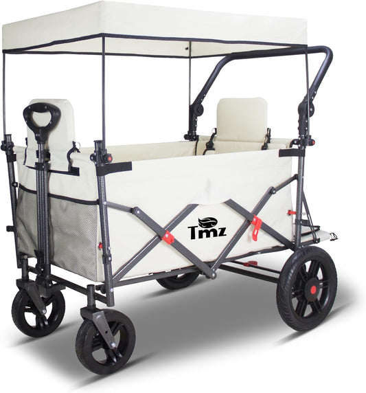 TMZ Collapsible Foldable Wagon Cart with Quick-Release Wheels and 2 Seats, Heavy Duty Wagon 265LBS Load Capacity for Camping Garden Shopping (Beige)