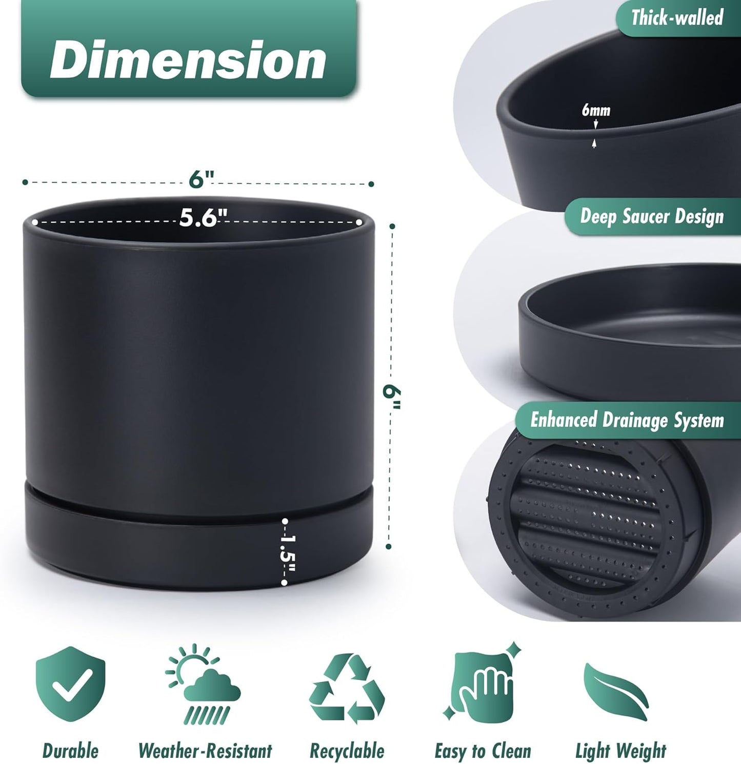 Phoenix Vine 6 Inch Planter Pot with Drainage Hole & Saucer, Deep Water Catch Tray, Straight Cylindrical Round Pot for Plants, Matte Black, Pack of 2, 23-C-S-2