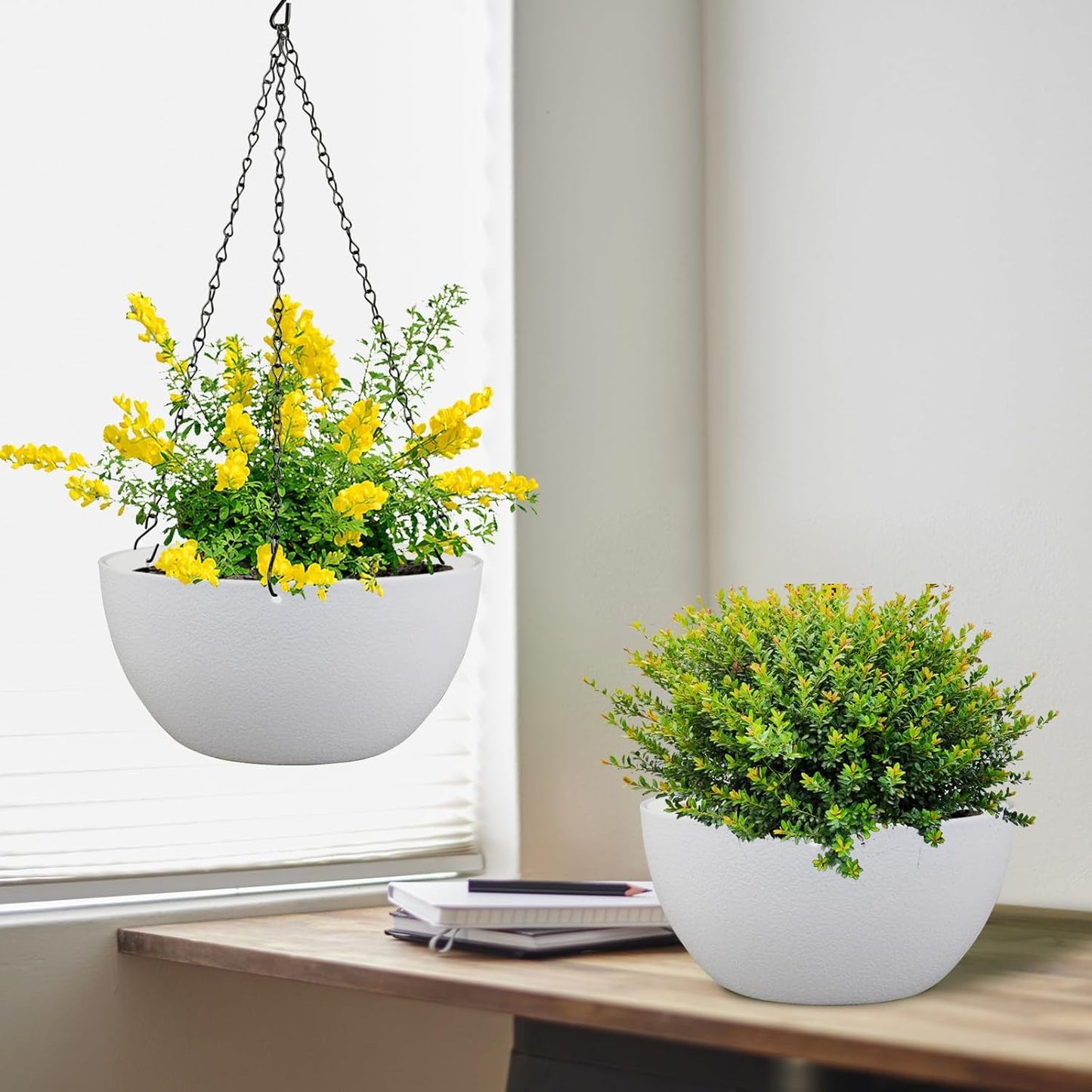 8 inch Small Hanging Planters for Indoor Outdoor Plants, 2 Pack Hanging Flower Pots with Drainage Holes and Chain for Garden Porch, Plastic Hanging Baskets for House Plants, White