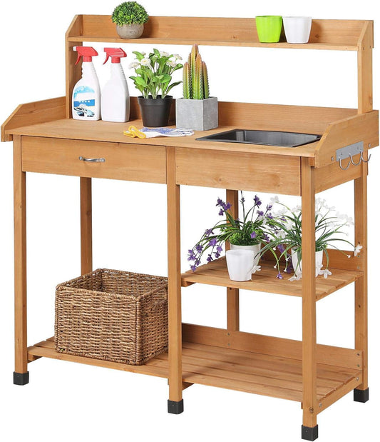 Yaheetech Potting Bench Outdoor Garden Work Bench Station Planting Solid Wood Construction for Horticulture w/Sink Drawer Rack Shelves Natural Wood