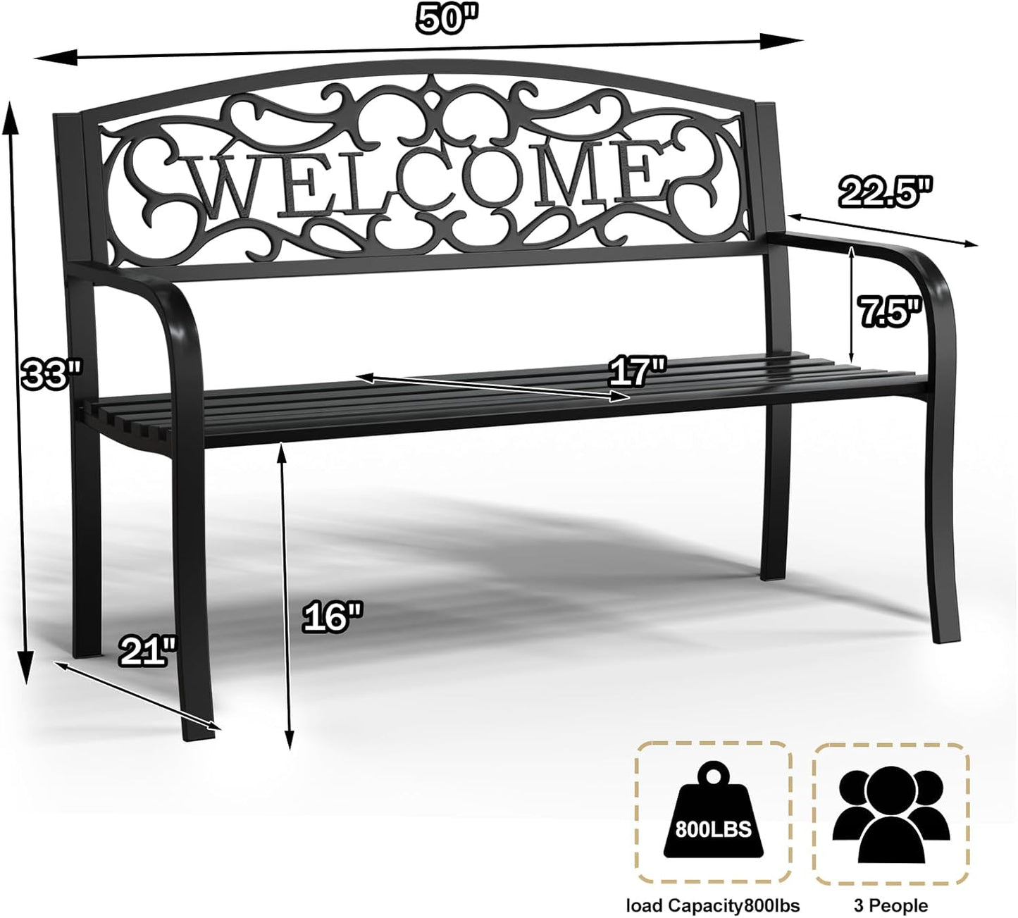 50" Heavy Duty Outdoor Bench, Wrought Iron Weatherproof Garden Bench Black Metal Patio Bench for Park Proch Yard 880lbs