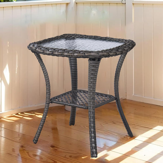 Outdoor Side Tables for Patio, Wicker/Rattan End Tables, Outdoor Wicker Side Table, Grey Rattan Glass Top Patio Side Table